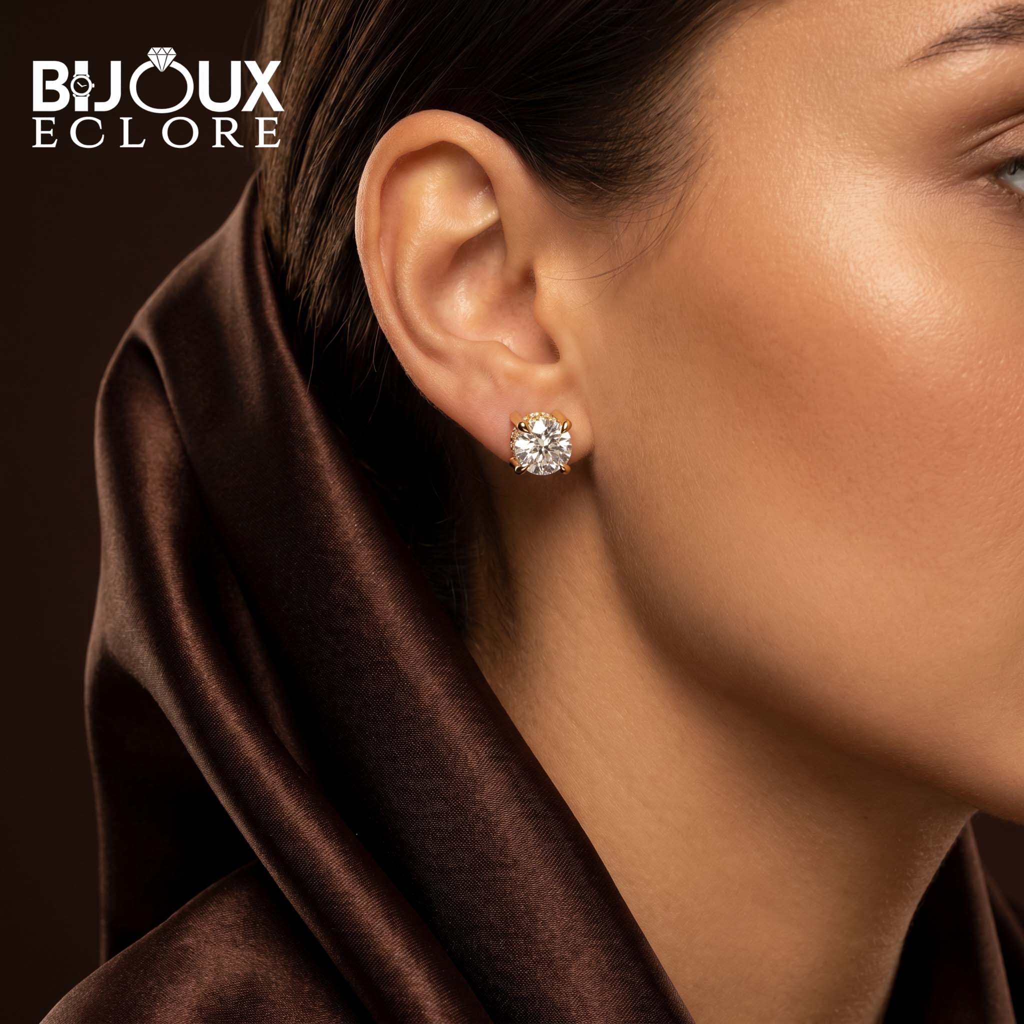 Elegant Yellow Gold Diamond Solitaire Stud Earrings with Brilliant Round Center Stones and Pavé Accents - Bijoux Eclore