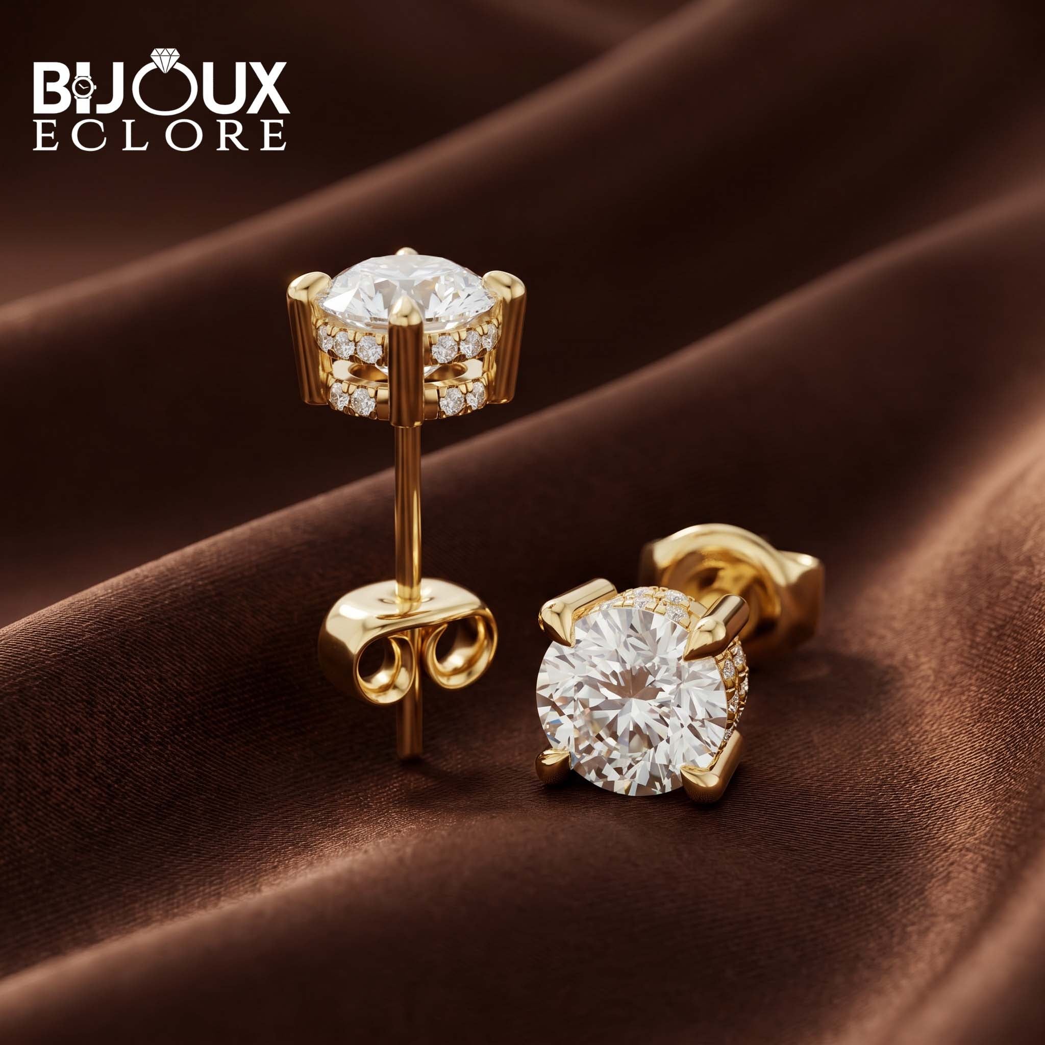Elegant Yellow Gold Diamond Solitaire Stud Earrings with Brilliant Round Center Stones and Pavé Accents - Bijoux Eclore