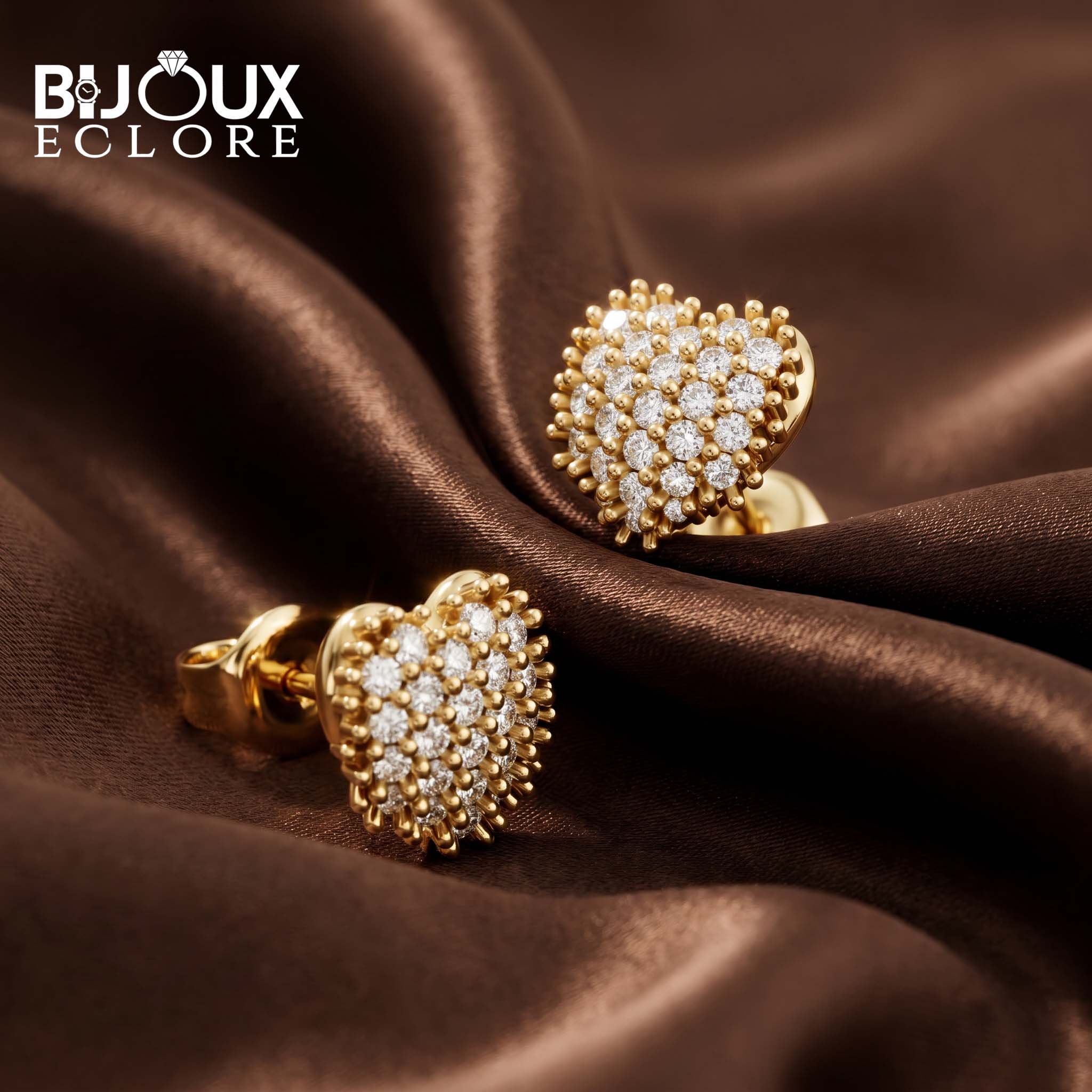 Premium Yellow Gold Heart Earrings with Sparkling Diamond Cluster Setting - Bijoux Eclore