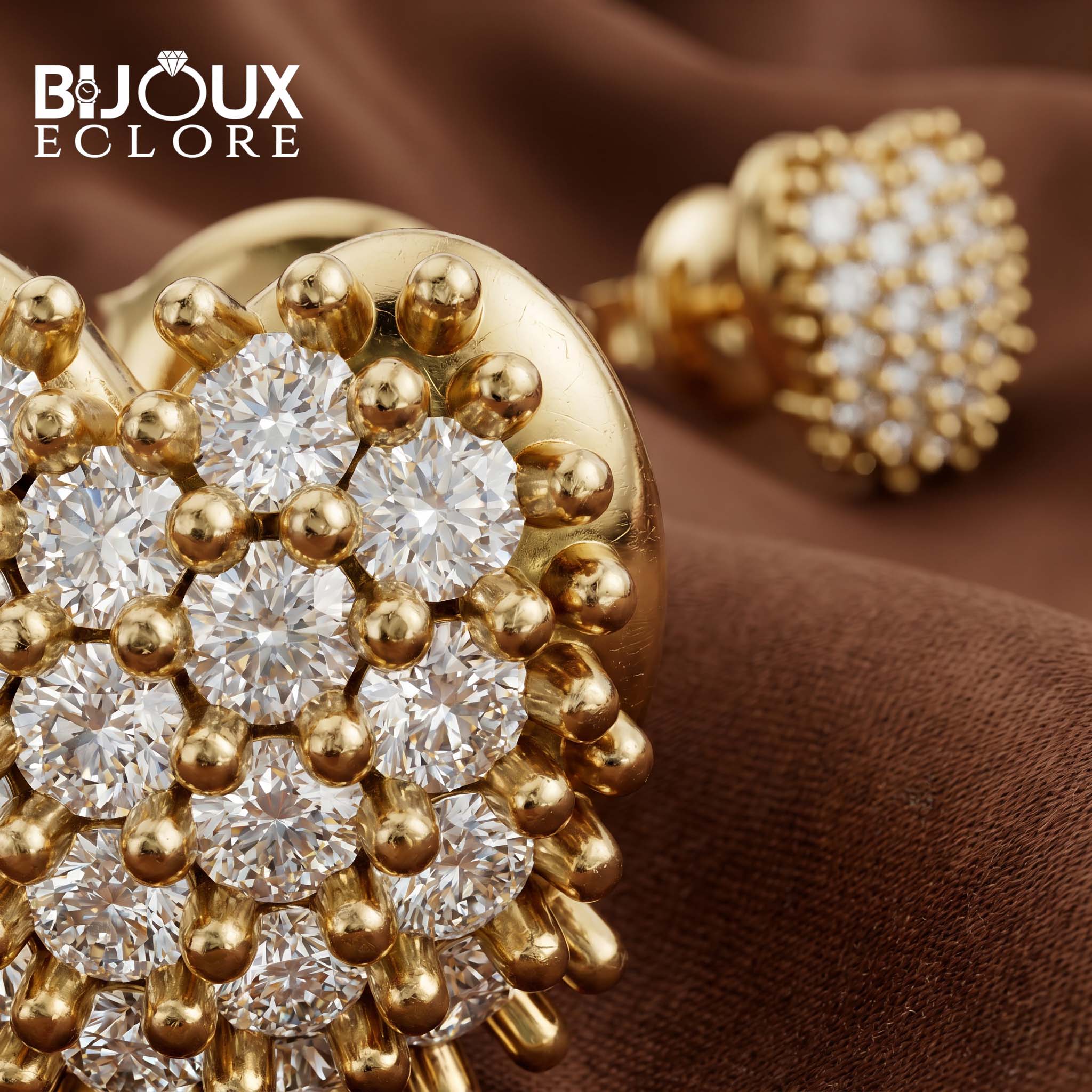 Premium Yellow Gold Heart Earrings with Sparkling Diamond Cluster Setting - Bijoux Eclore