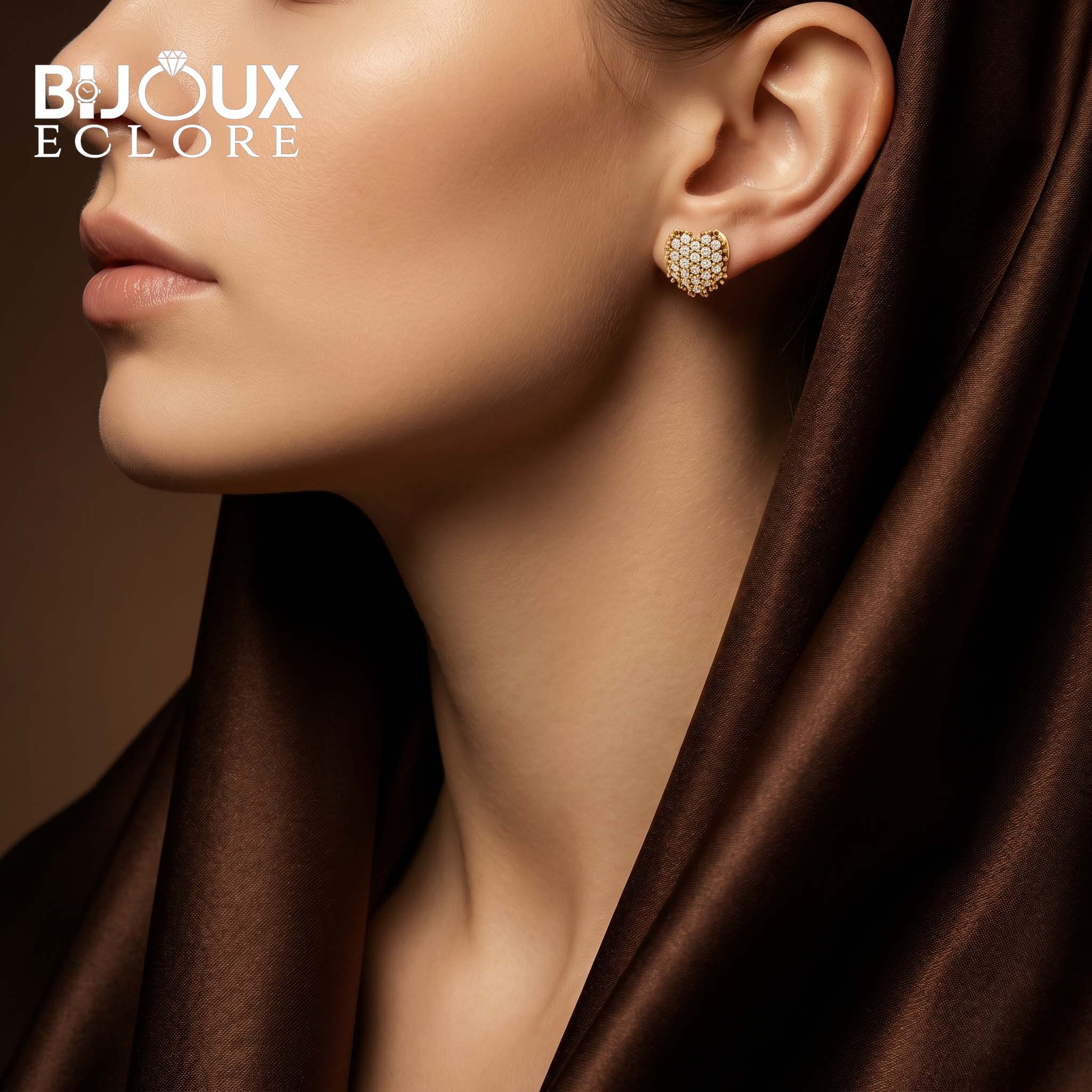 Premium Yellow Gold Heart Earrings with Sparkling Diamond Cluster Setting - Bijoux Eclore