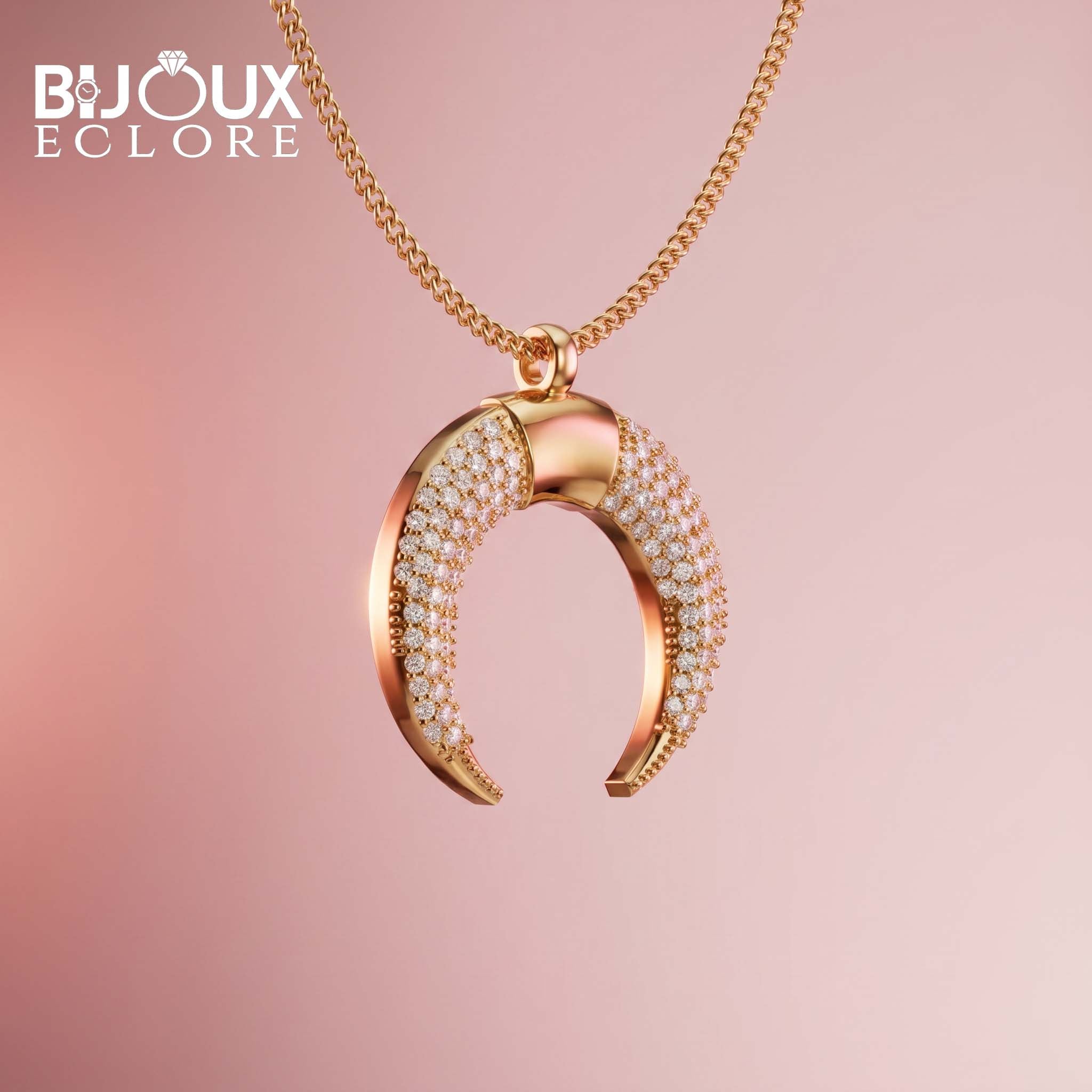 Luxury Crescent Shaped Diamond Charm Necklace in Yellow Gold with Polished Bail - Bijoux Eclore