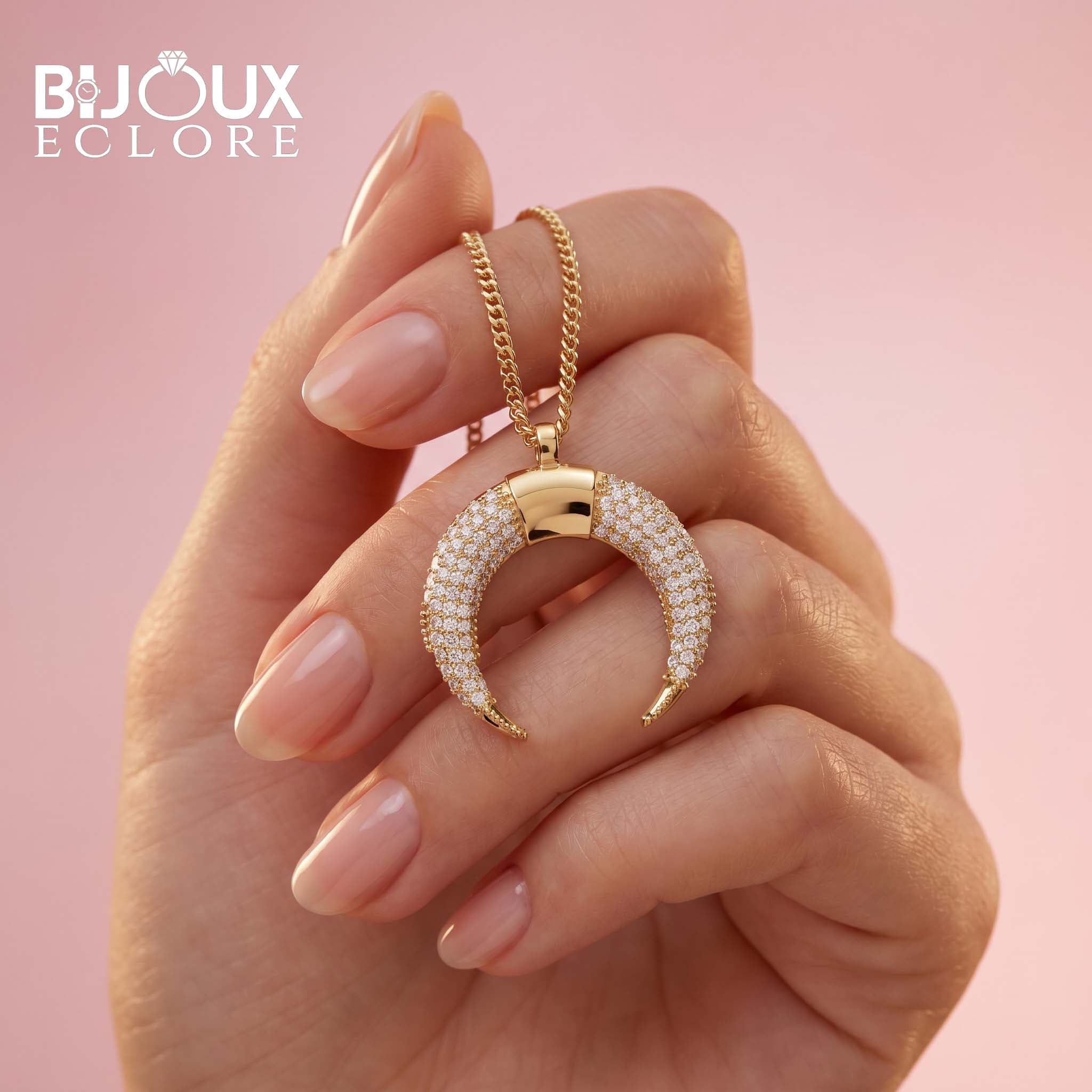 Luxury Crescent Shaped Diamond Charm Necklace in Yellow Gold with Polished Bail - Bijoux Eclore