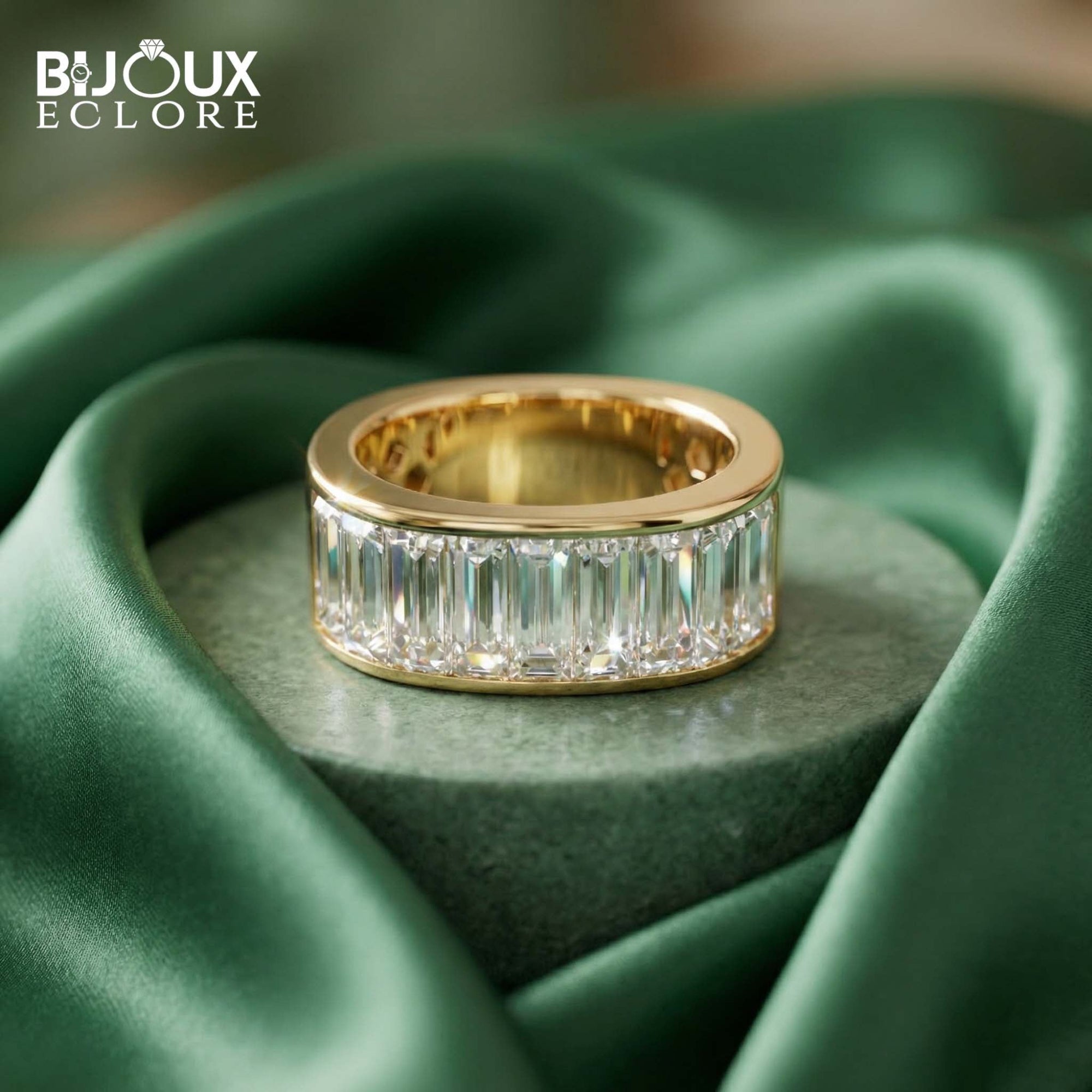 Exquisite Wide Gold Ring with Sparkling Emerald-Style Baguette Diamond Layout - Bijoux Eclore