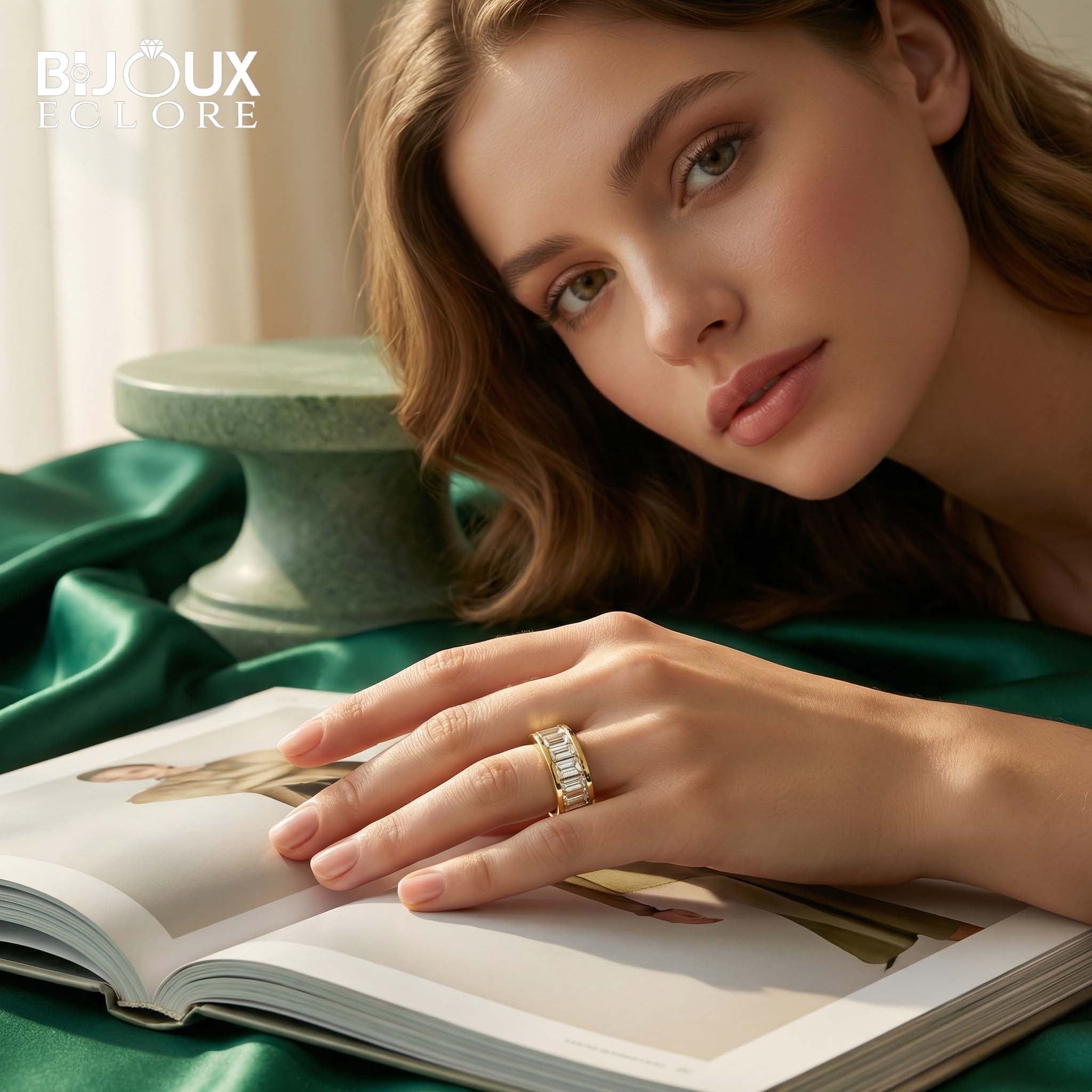 Exquisite Wide Gold Ring with Sparkling Emerald-Style Baguette Diamond Layout - Bijoux Eclore