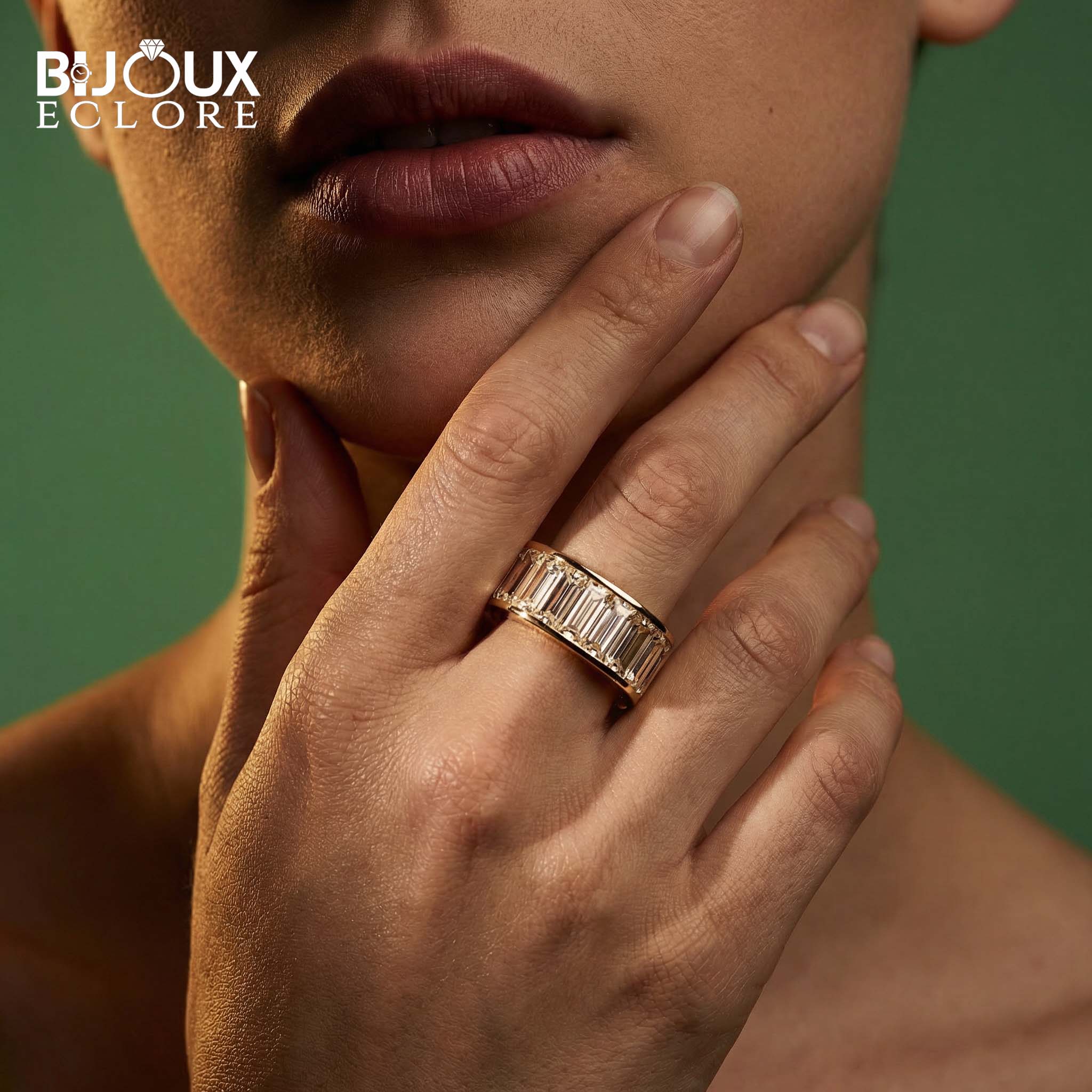 Exquisite Wide Gold Ring with Sparkling Emerald-Style Baguette Diamond Layout - Bijoux Eclore