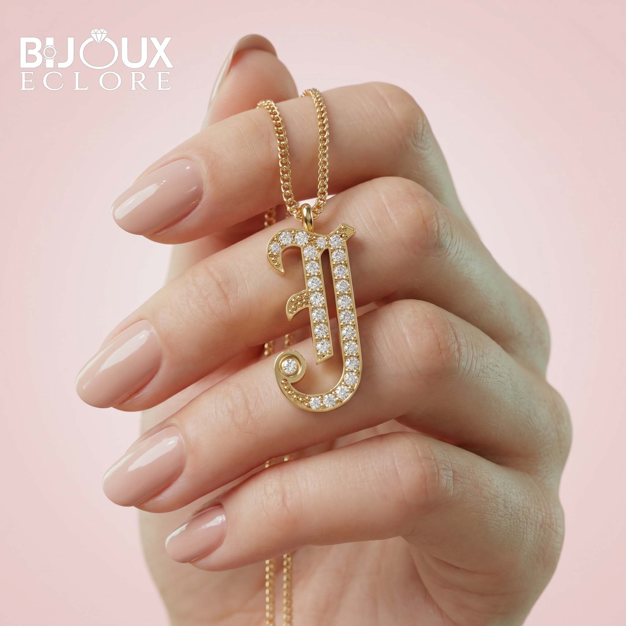 Elegant Yellow Gold Letter J Necklace with Sparkling Round Diamond Accents - Bijoux Eclore