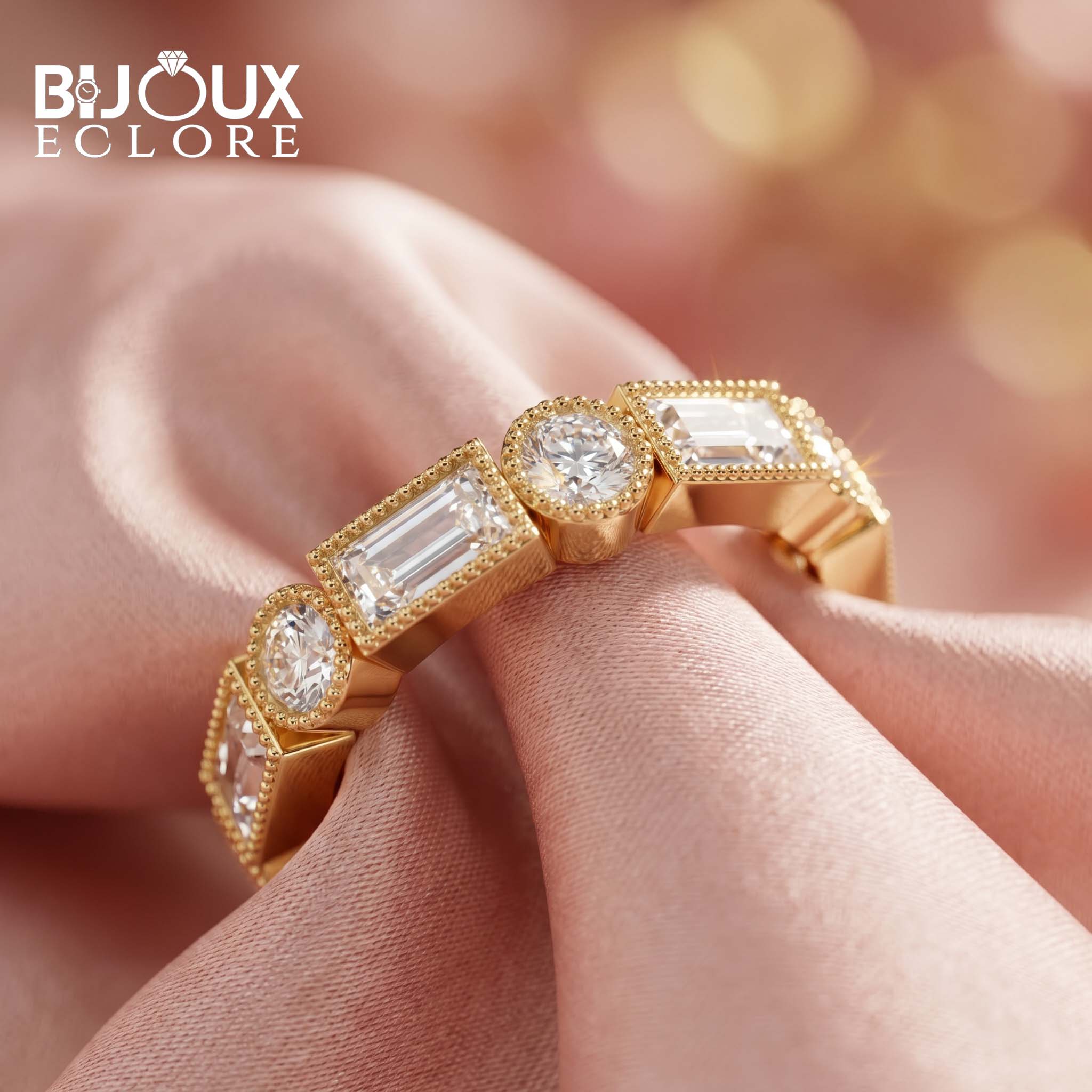 Vintage Style Diamond Ring with Baguette and Round Pattern - Bijoux Eclore