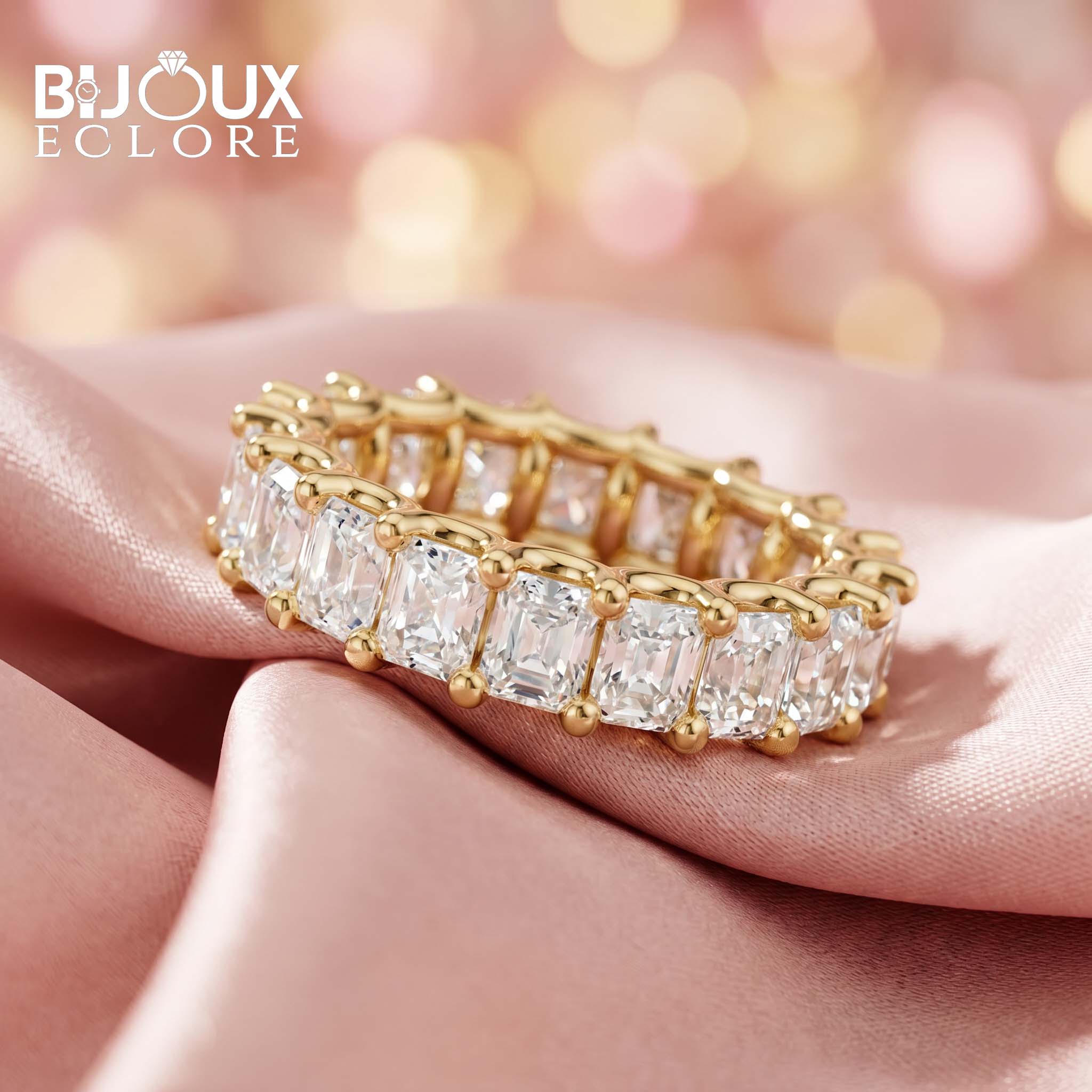 Square Diamond Full Eternity Ring with Gold Prong Setting - Bijoux Eclore
