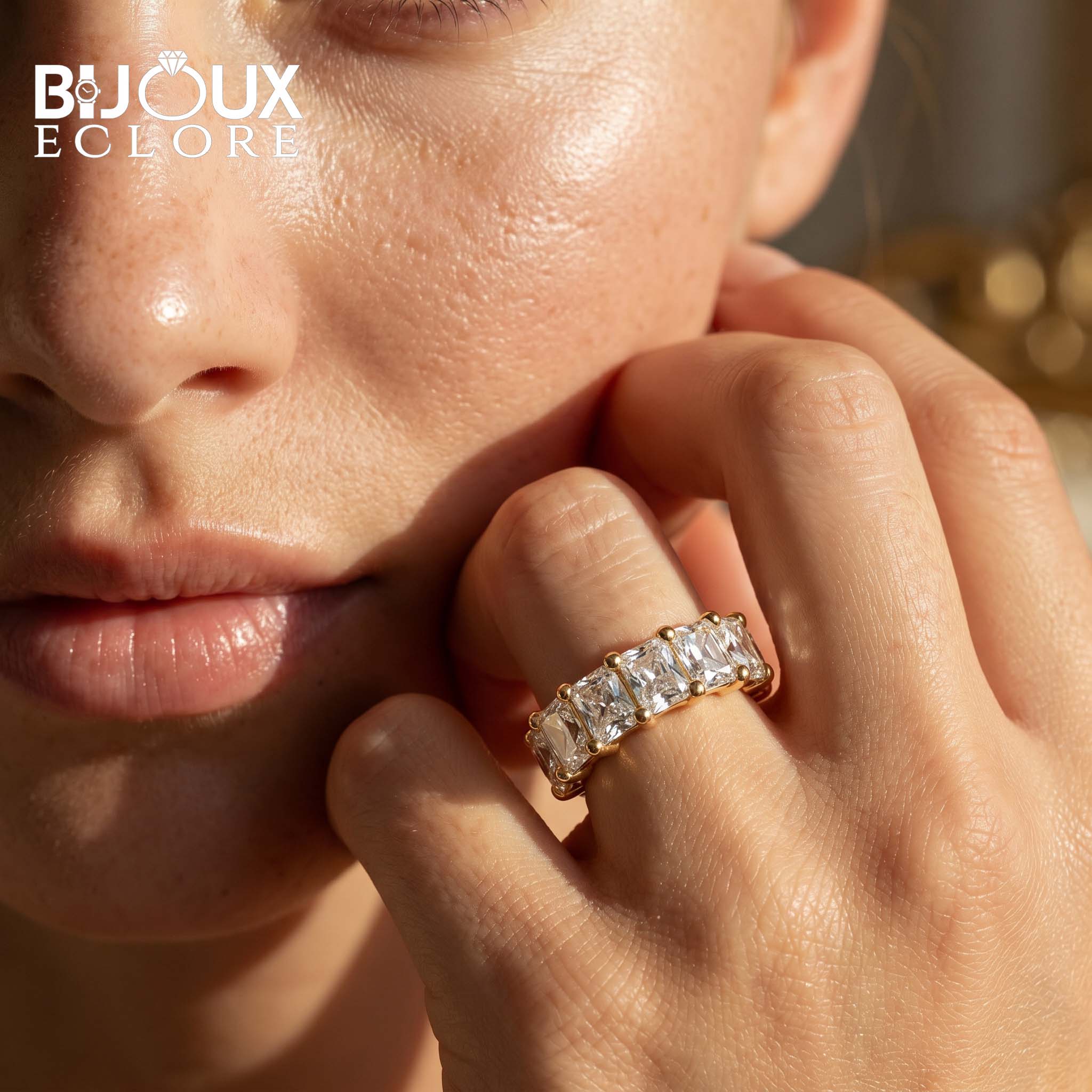 Square Diamond Full Eternity Ring with Gold Prong Setting - Bijoux Eclore