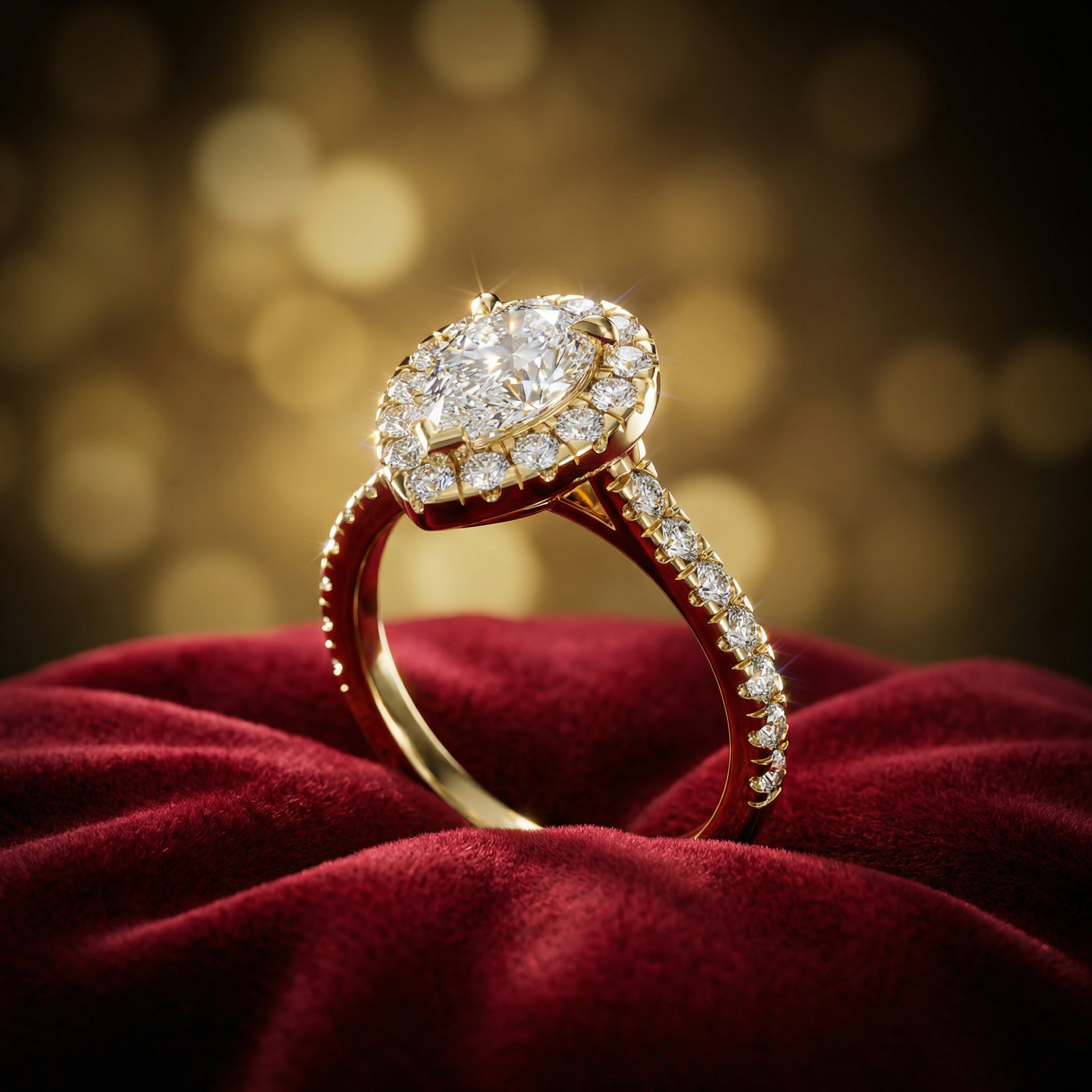 Premium Pear Shape Diamond Engagement Ring – Gold Halo Design with Pavé Band - Bijoux Eclore