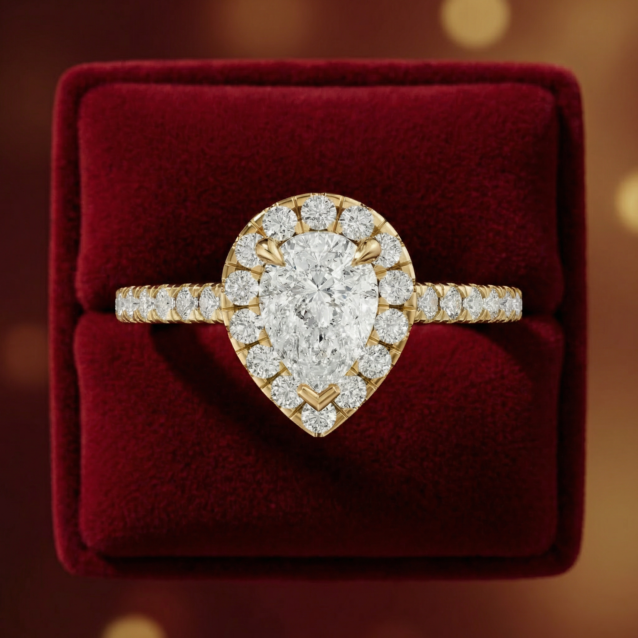 Premium Pear Shape Diamond Engagement Ring – Gold Halo Design with Pavé Band - Bijoux Eclore
