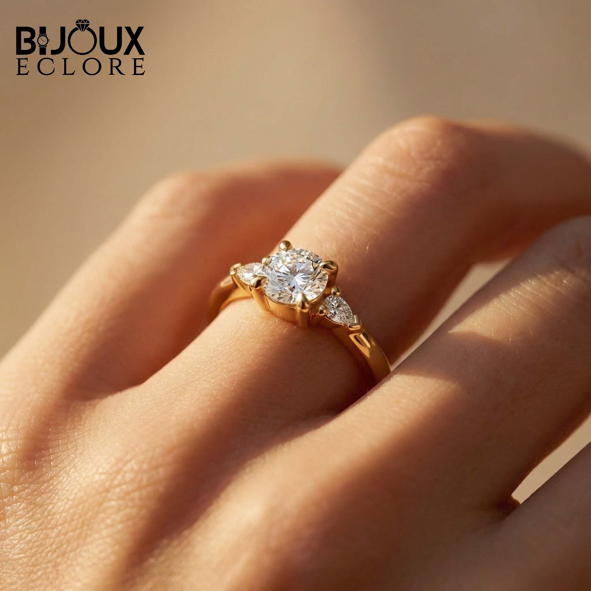 Three-Stone Mixed-Cut Ring in Polished Gold, Blending Round Fire with Sleek Teardrop Geometry - Bijoux Eclore
