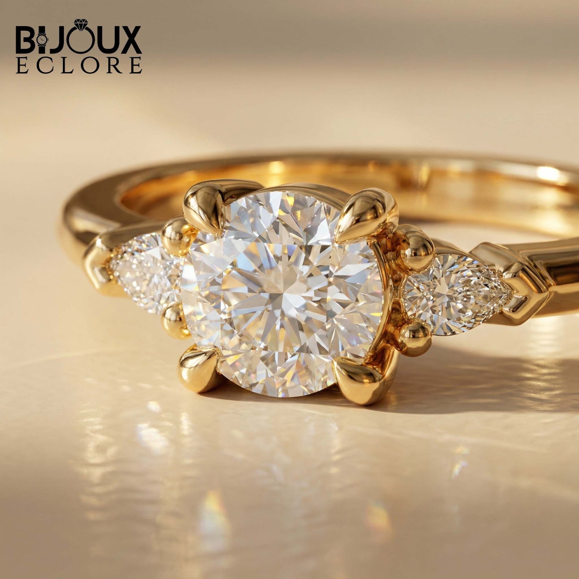 Three-Stone Mixed-Cut Ring in Polished Gold, Blending Round Fire with Sleek Teardrop Geometry - Bijoux Eclore