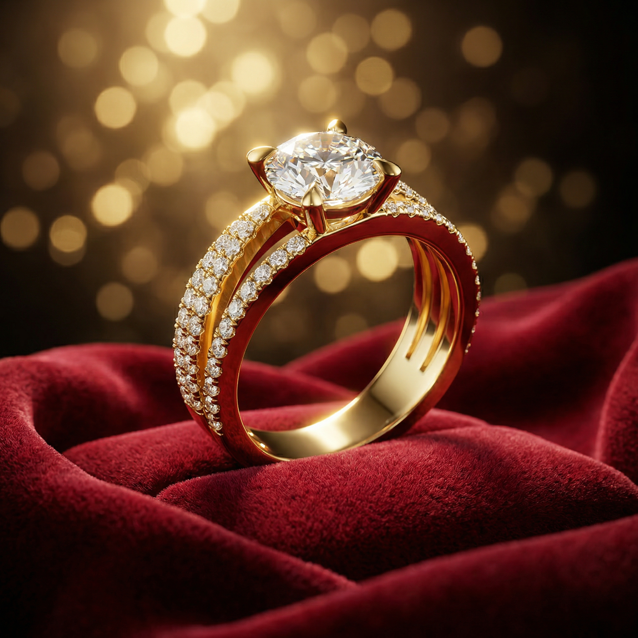 Round Cut Diamond Ring with Double Band – Elegant Gold Ring - Bijoux Eclore