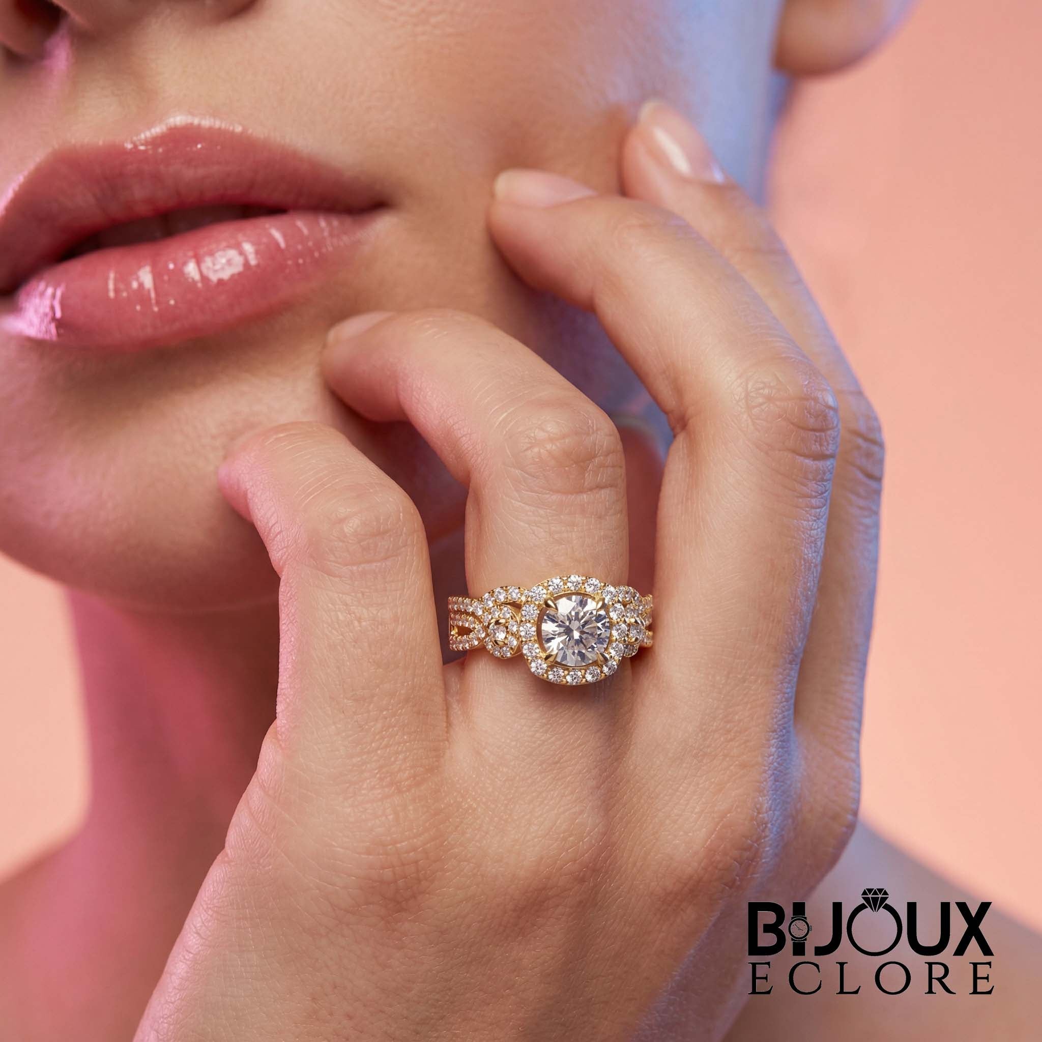 Luxury Gold Halo Engagement Ring for Women with Round Brilliant Center Stone and Double Diamond Band - Bijoux Eclore