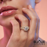 Luxury Gold Halo Engagement Ring for Women with Round Brilliant Center Stone and Double Diamond Band - Bijoux Eclore