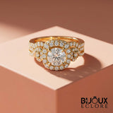 Luxury Gold Halo Engagement Ring for Women with Round Brilliant Center Stone and Double Diamond Band - Bijoux Eclore