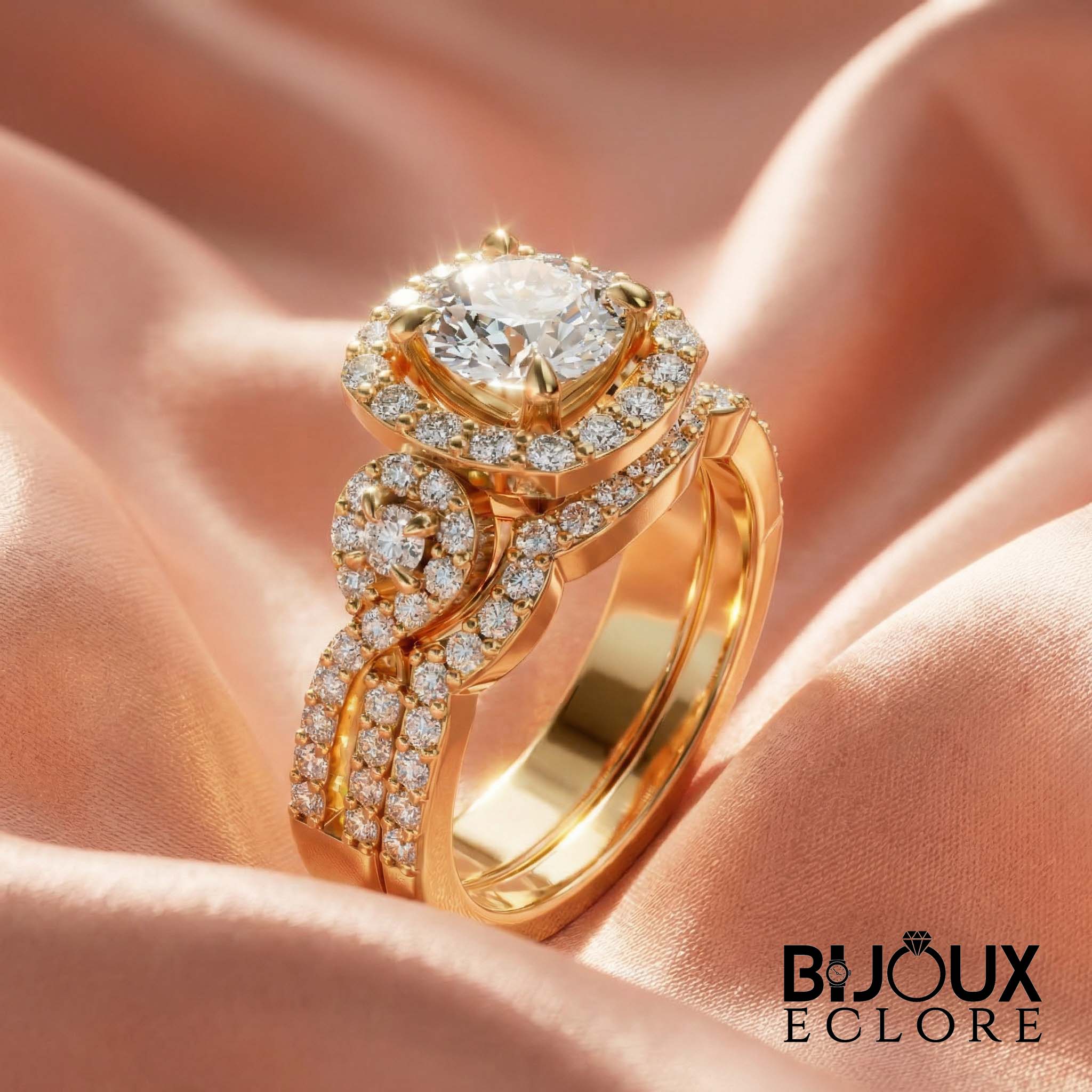 Luxury Gold Halo Engagement Ring for Women with Round Brilliant Center Stone and Double Diamond Band - Bijoux Eclore