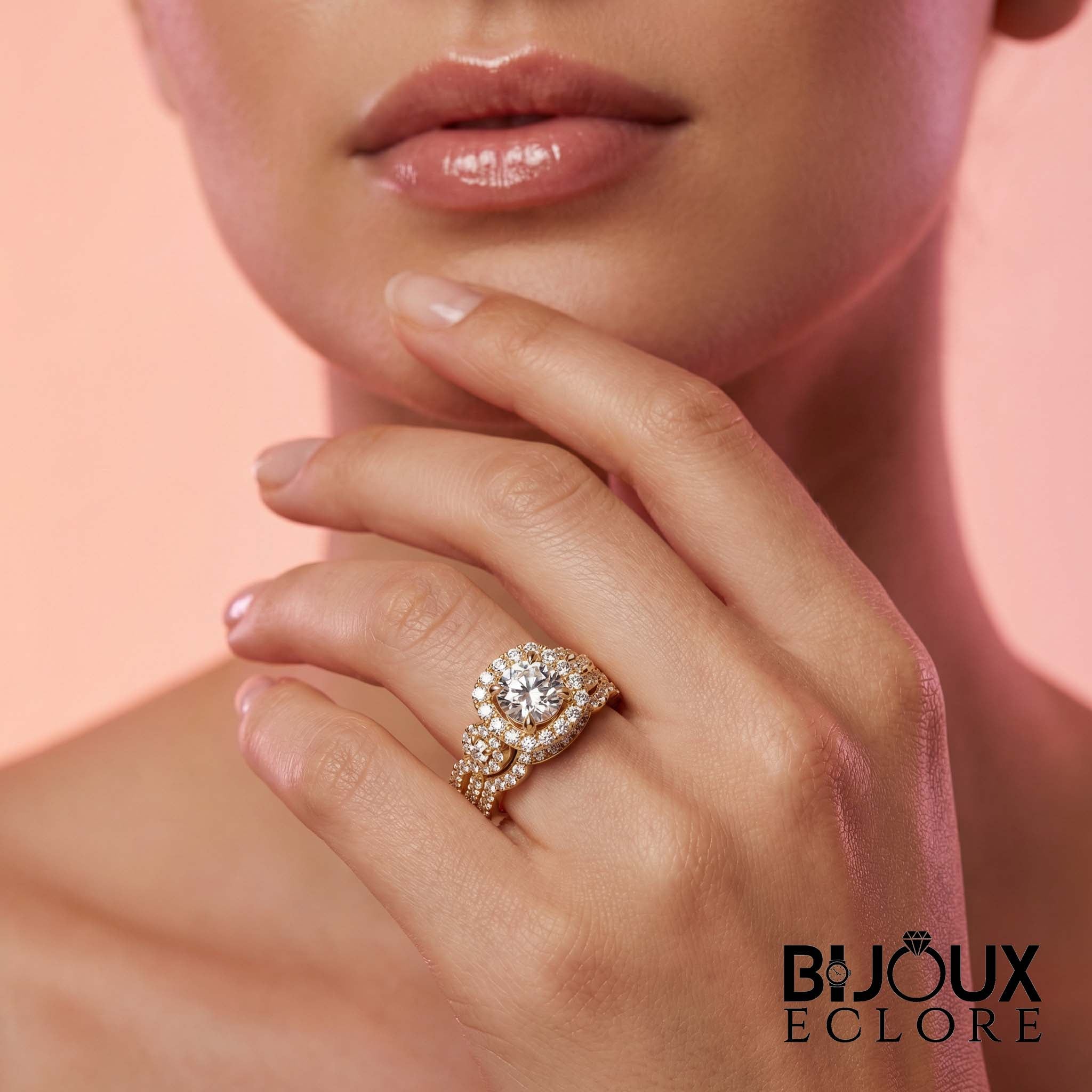 Luxury Gold Halo Engagement Ring for Women with Round Brilliant Center Stone and Double Diamond Band - Bijoux Eclore