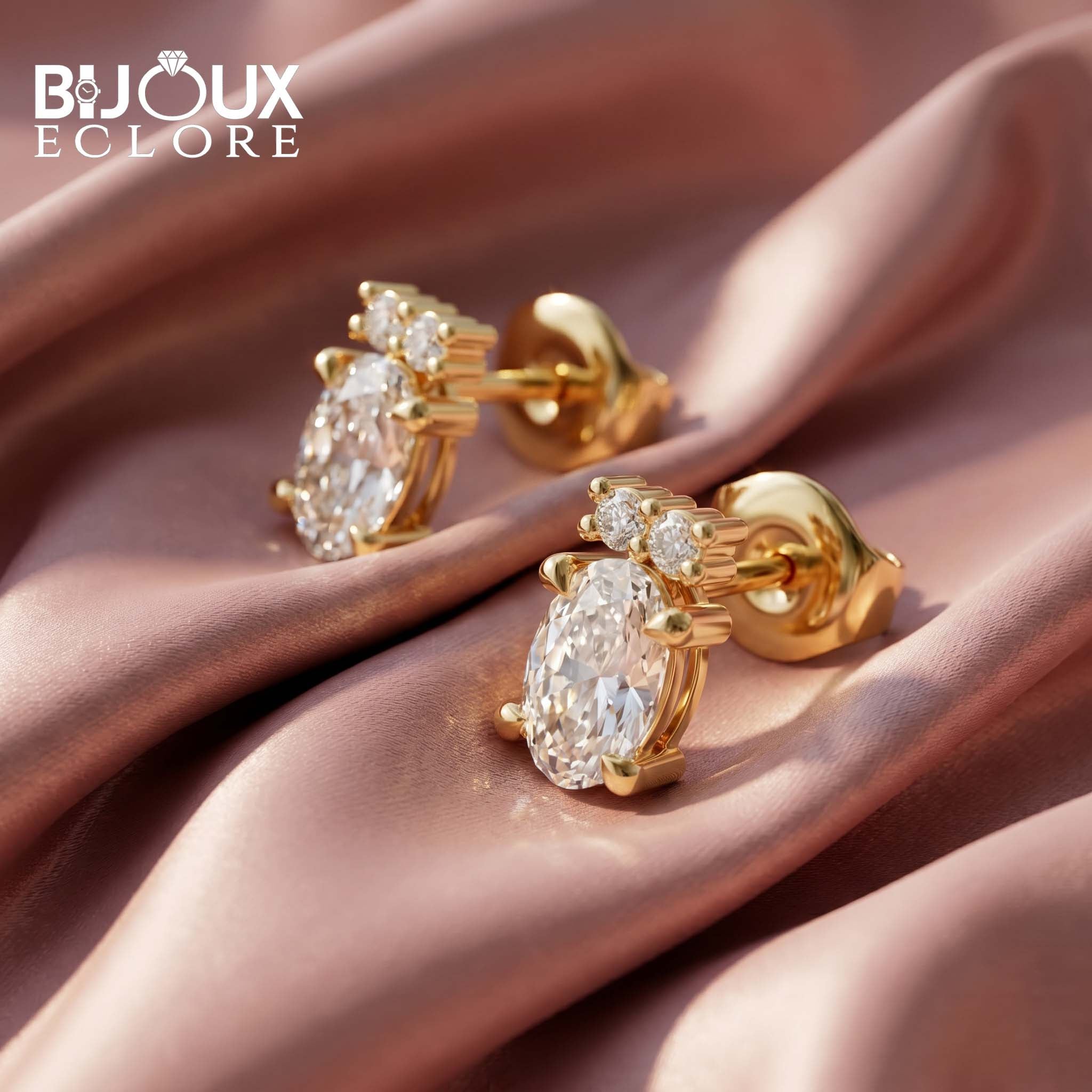 Oval Cut Diamond Earrings with Delicate Round Diamond Accents - Bijoux Eclore