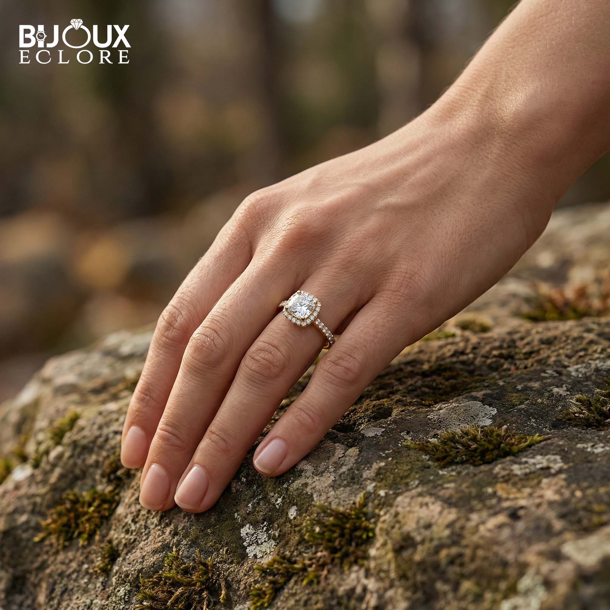 Cushion-Cut Diamond Halo Ring with Brilliant Accent Diamonds on a Lustrous Gold Band - Bijoux Eclore