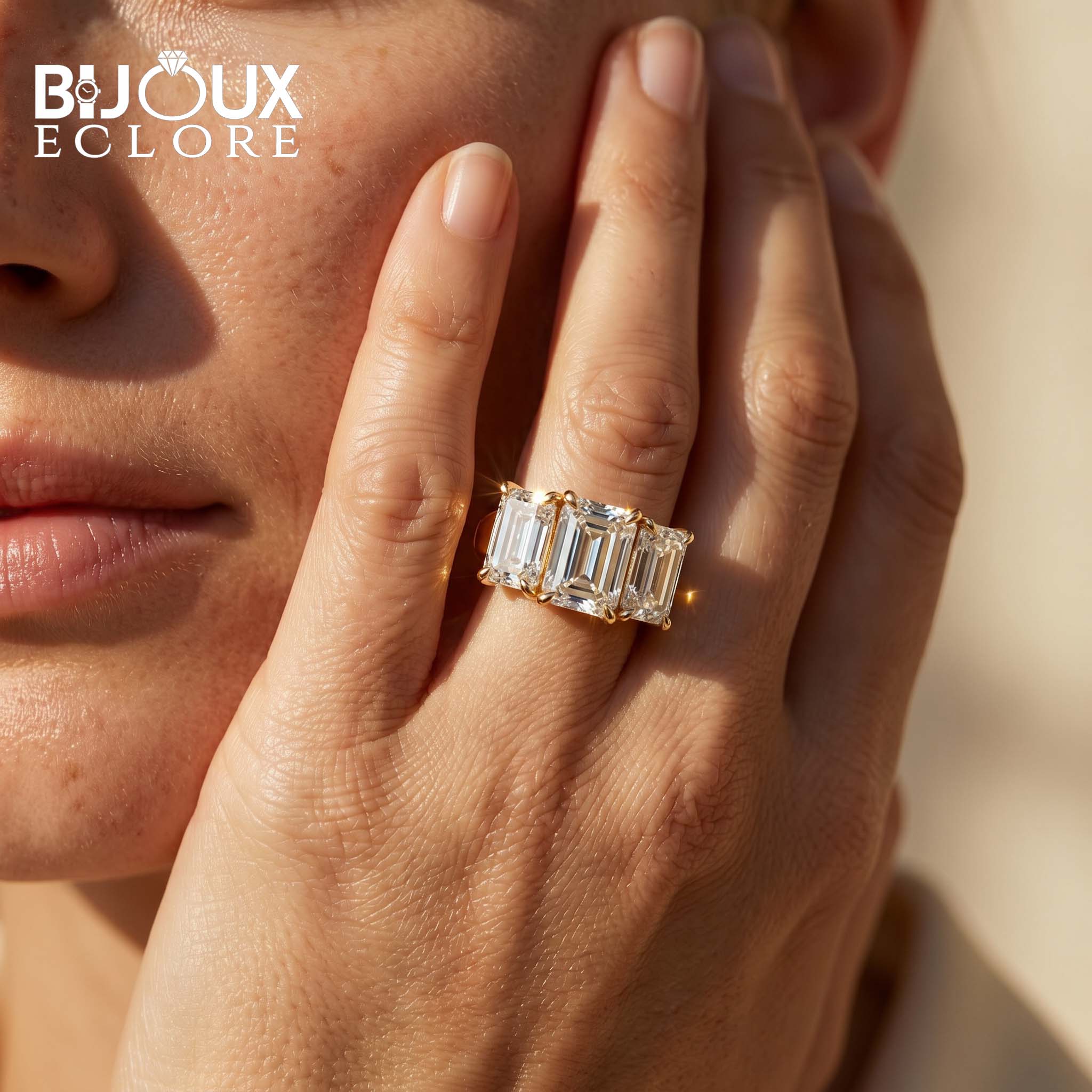 Modern Emerald Cut Diamond Ring with Sleek Gold Finish - Bijoux Eclore