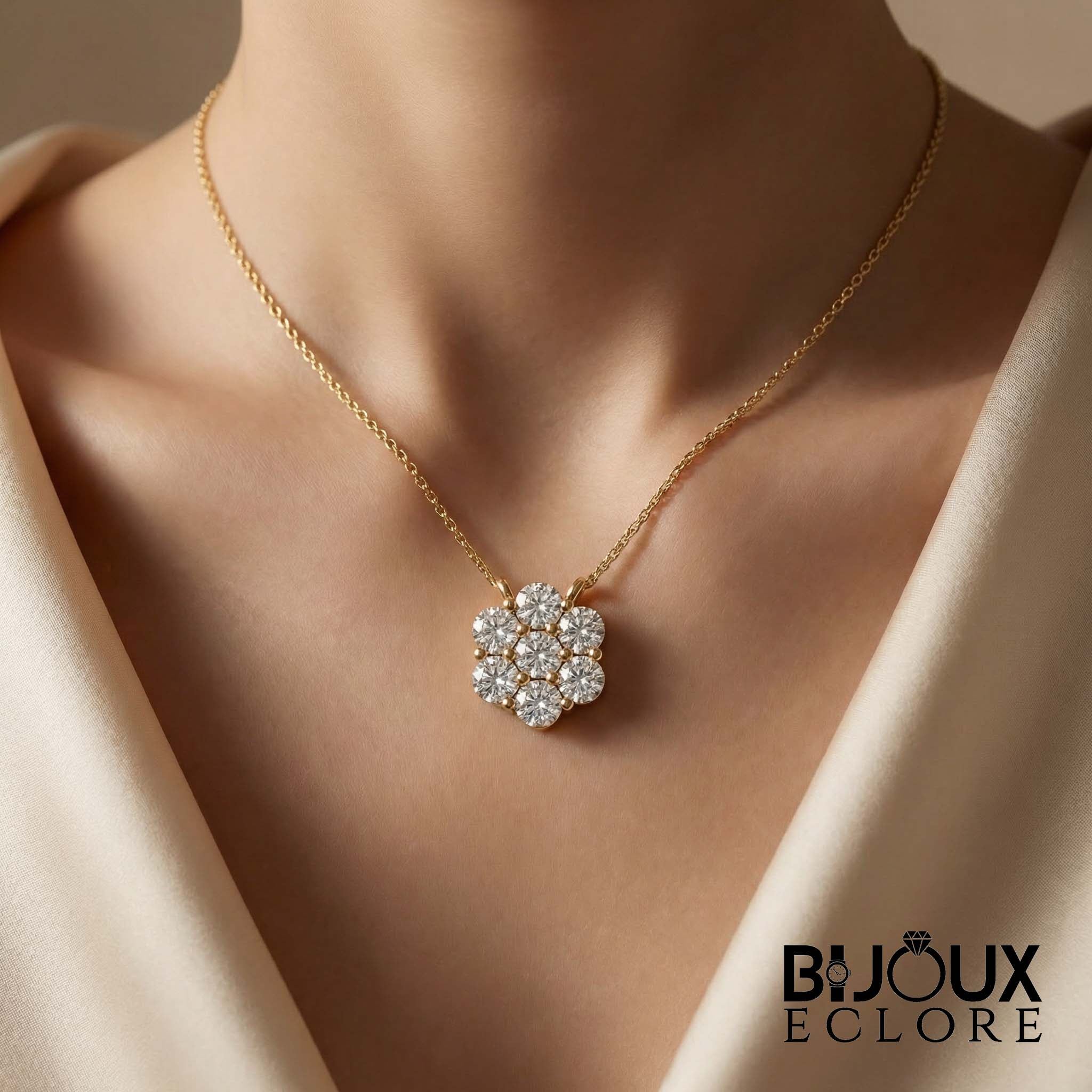 Elegant Gold Floral Diamond Cluster Pendant Necklace for Women with Round Brilliant Stone Flower Design - Bijoux Eclore