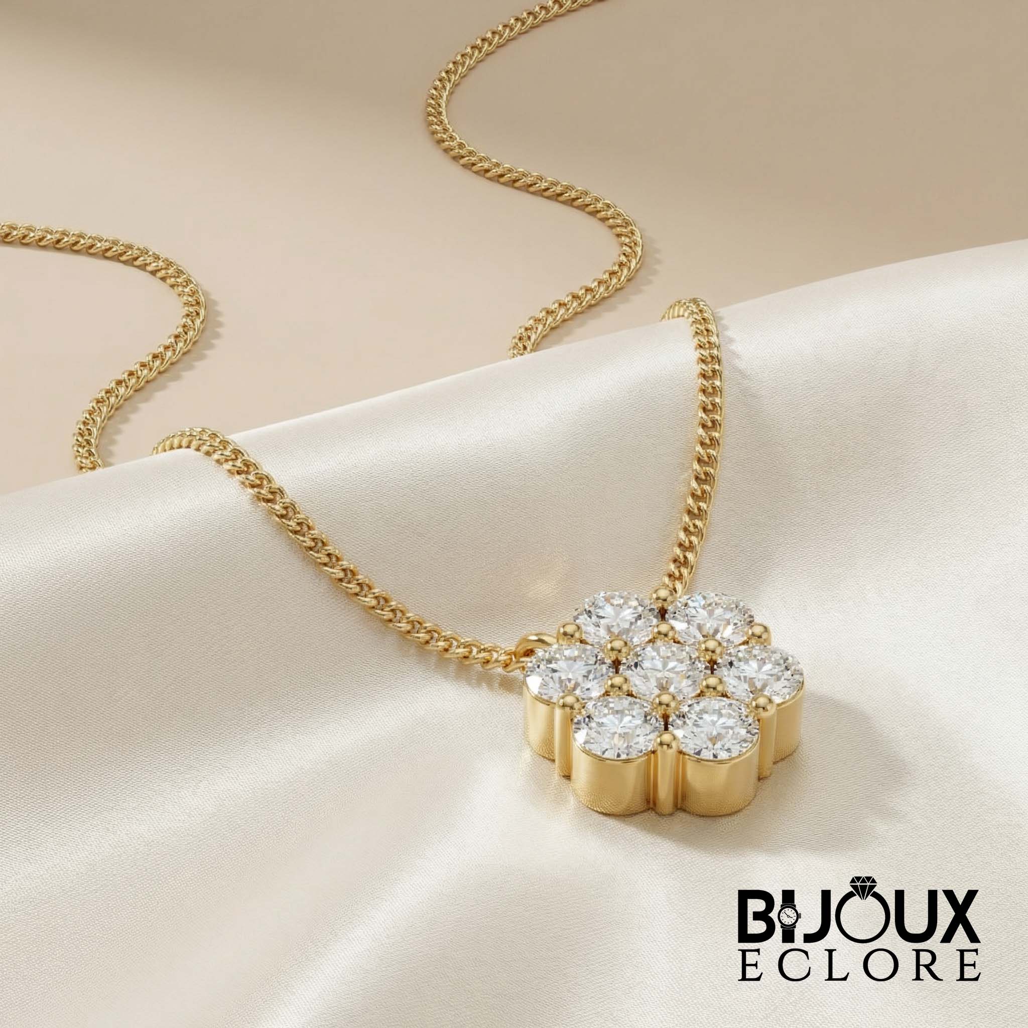 Elegant Gold Floral Diamond Cluster Pendant Necklace for Women with Round Brilliant Stone Flower Design - Bijoux Eclore