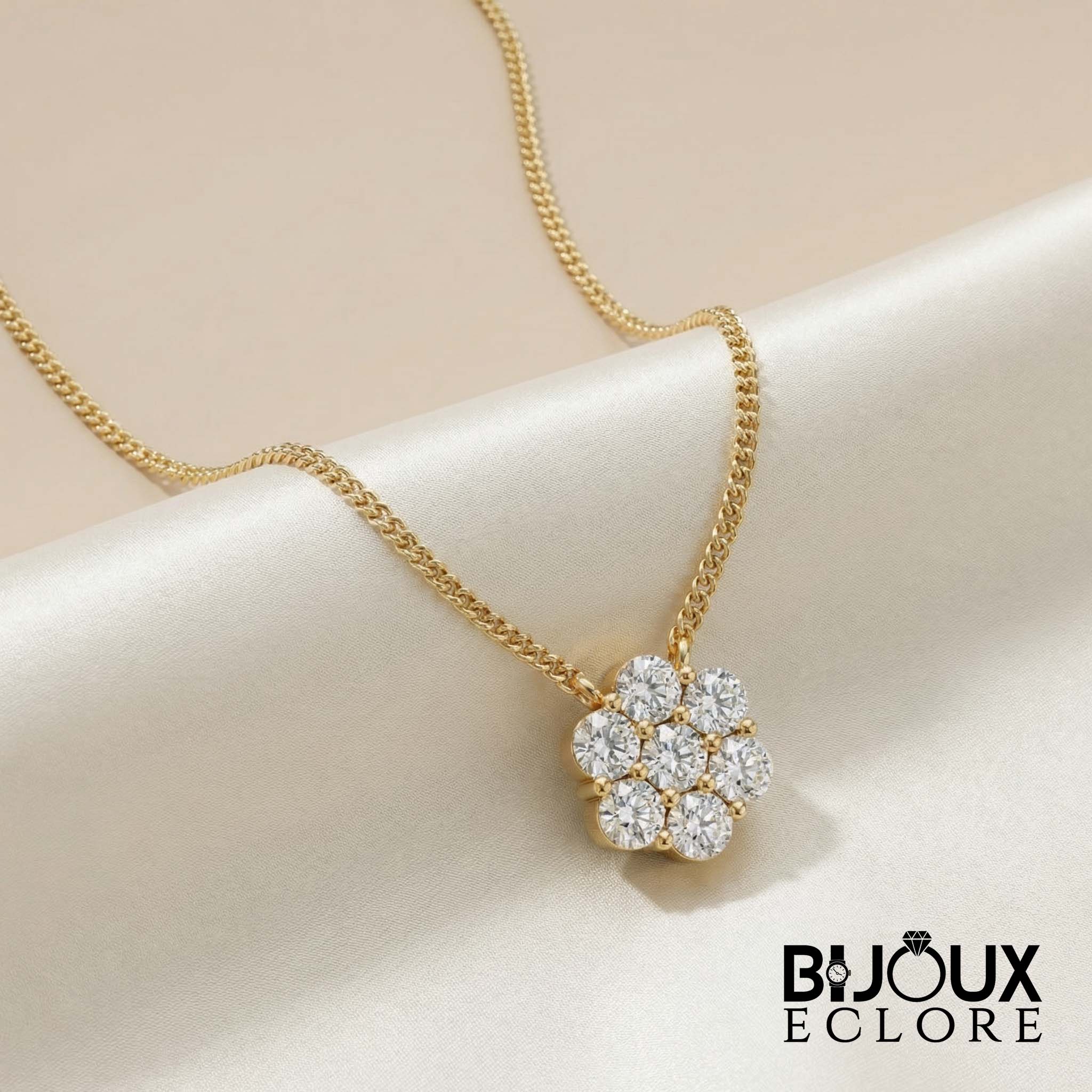 Elegant Gold Floral Diamond Cluster Pendant Necklace for Women with Round Brilliant Stone Flower Design - Bijoux Eclore