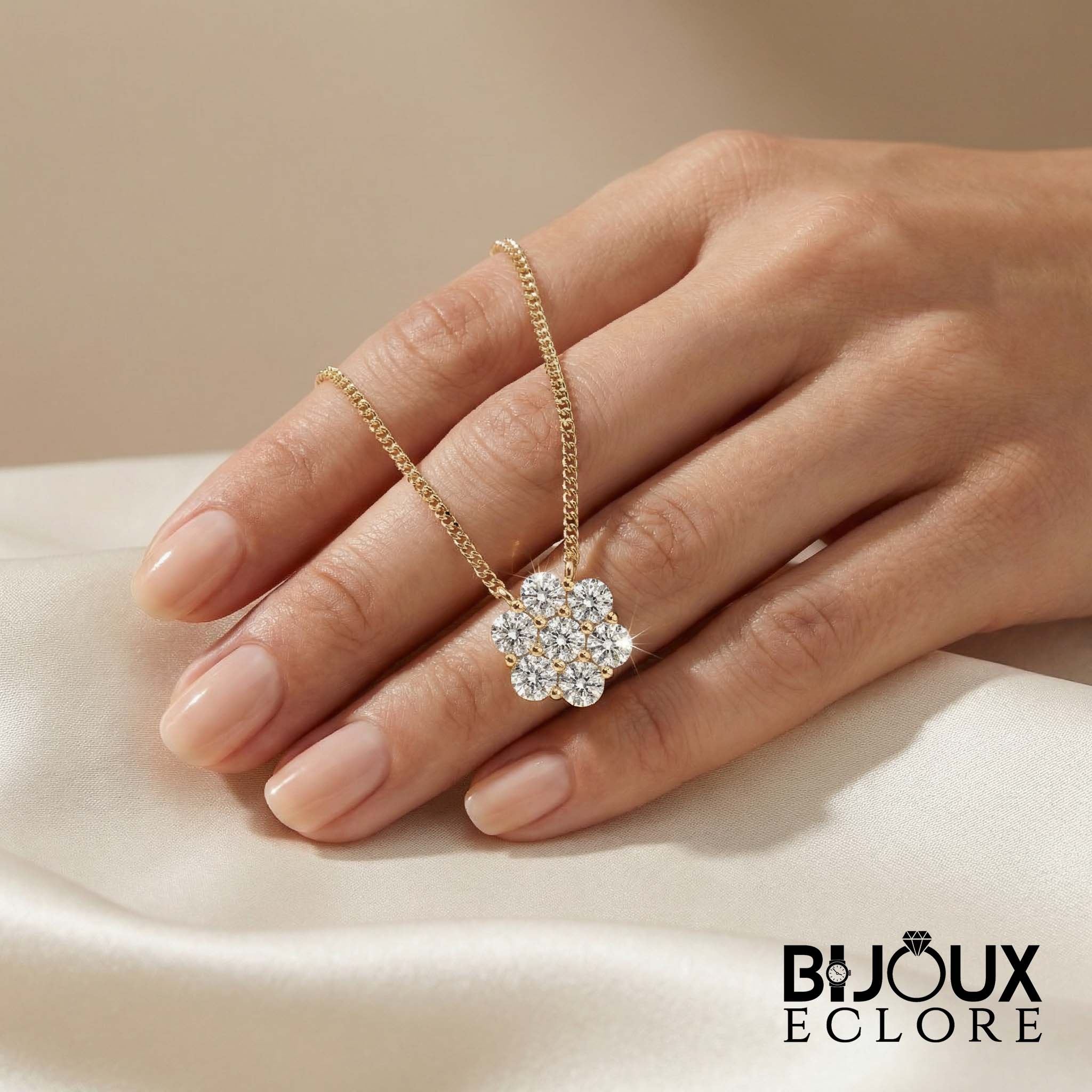 Elegant Gold Floral Diamond Cluster Pendant Necklace for Women with Round Brilliant Stone Flower Design - Bijoux Eclore