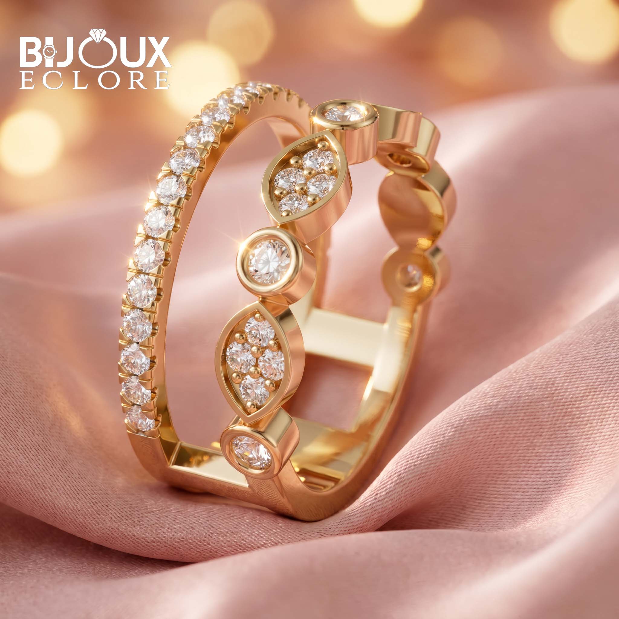 Yellow Gold Openwork Diamond Band with Dual Sparkle Rows - Bijoux Eclore