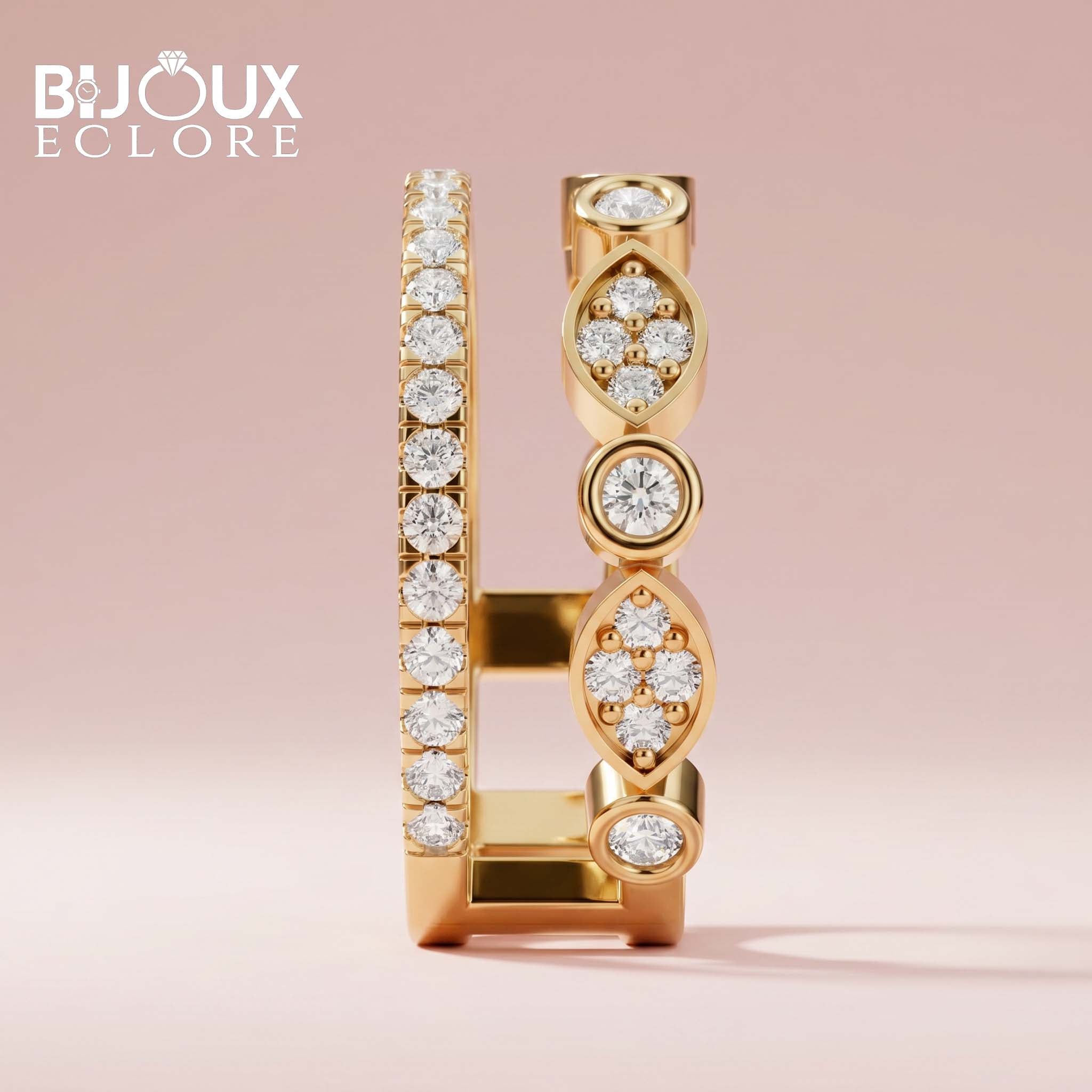 Yellow Gold Openwork Diamond Band with Dual Sparkle Rows - Bijoux Eclore