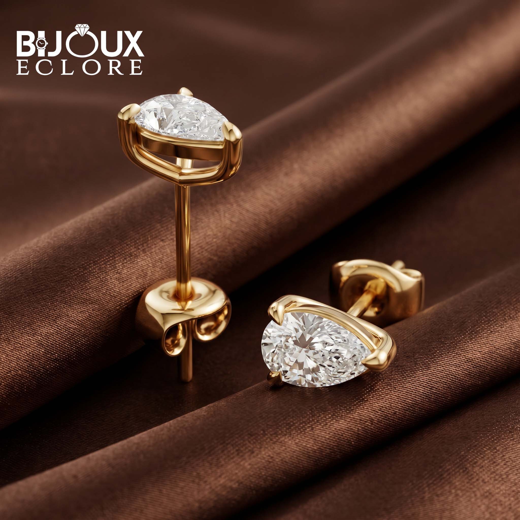 Luxury Pear Shaped Diamond Earrings with Curved Gold Setting - Bijoux Eclore