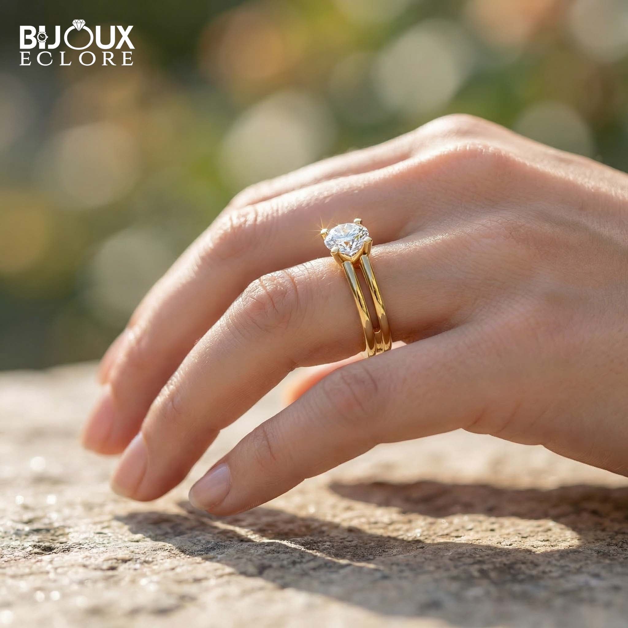 Oval-Cut Diamond Engagement Ring with a Sleek Double Gold Band - Bijoux Eclore