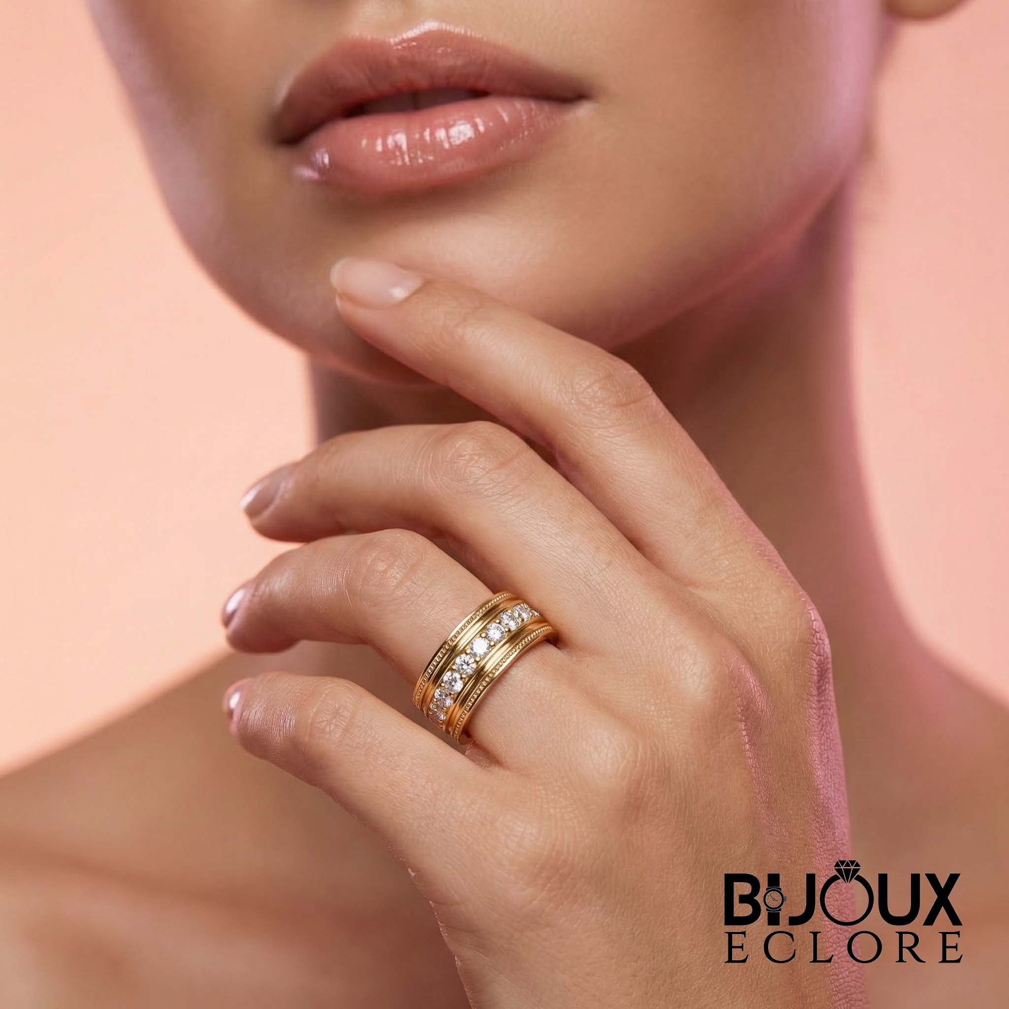 Luxury Gold Statement Band Ring with Channel Set Round Diamonds and Vintage Inspired Detail - Bijoux Eclore