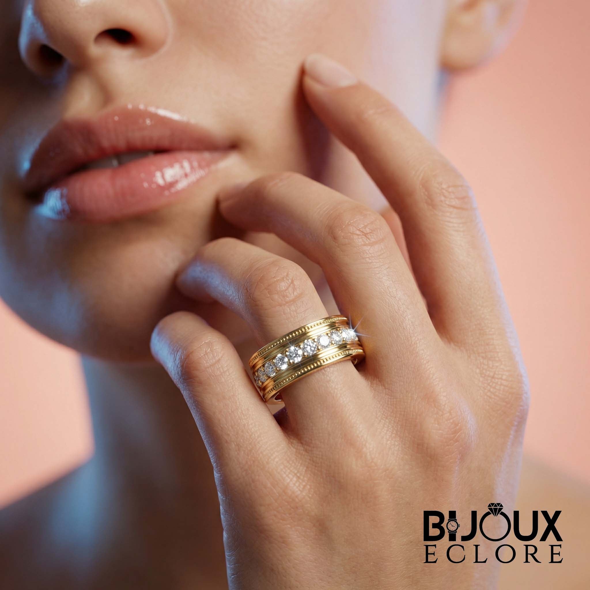Luxury Gold Statement Band Ring with Channel Set Round Diamonds and Vintage Inspired Detail - Bijoux Eclore
