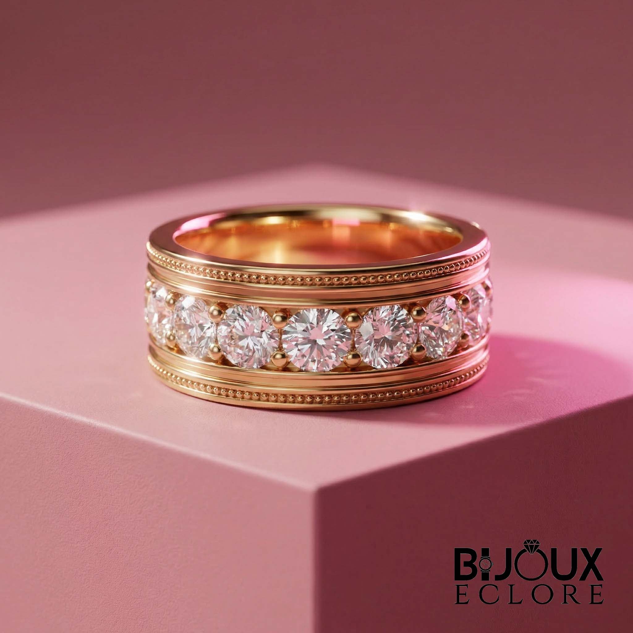 Luxury Gold Statement Band Ring with Channel Set Round Diamonds and Vintage Inspired Detail - Bijoux Eclore