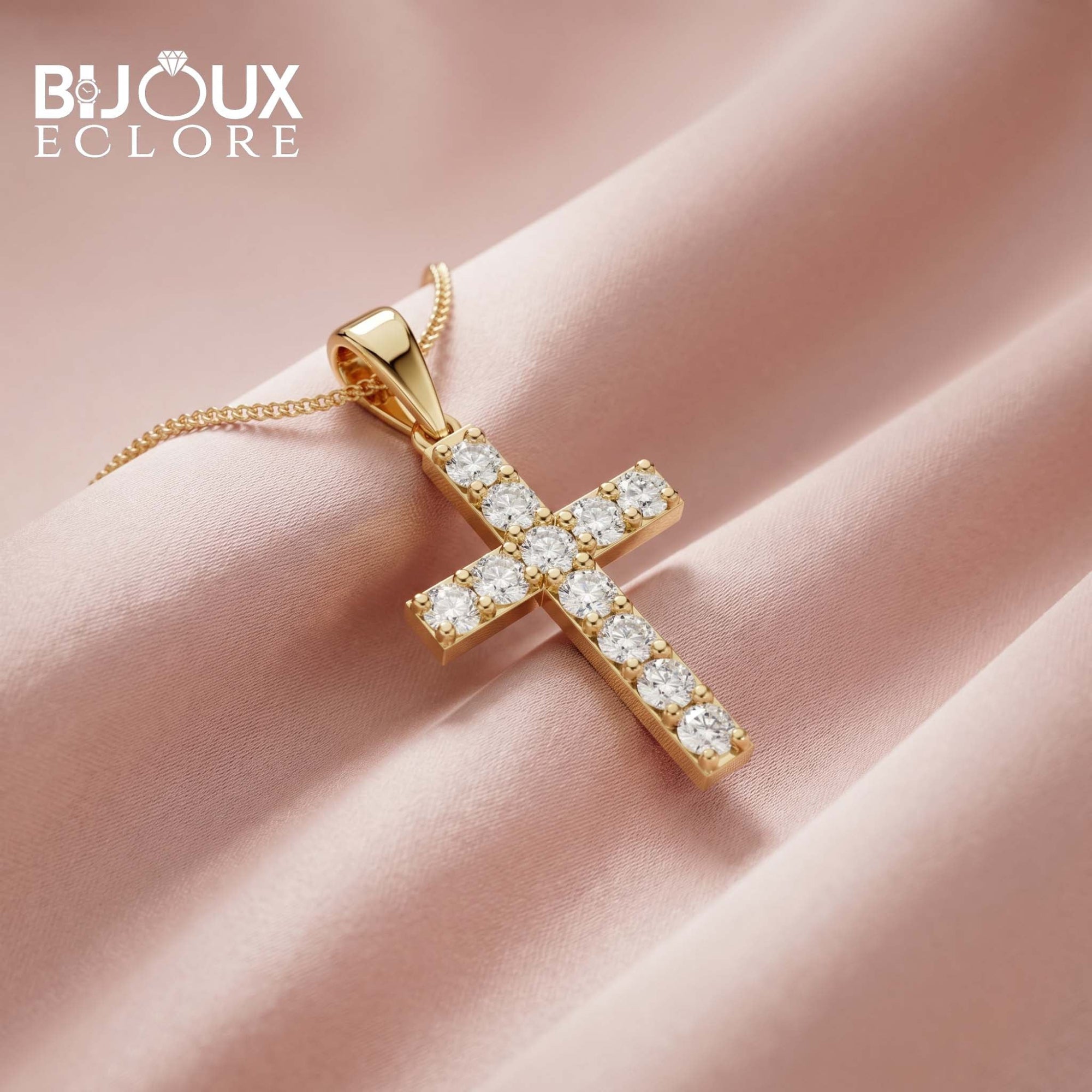 Diamond Cross Pendant Necklace in Rose Gold Finish - Bijoux Eclore