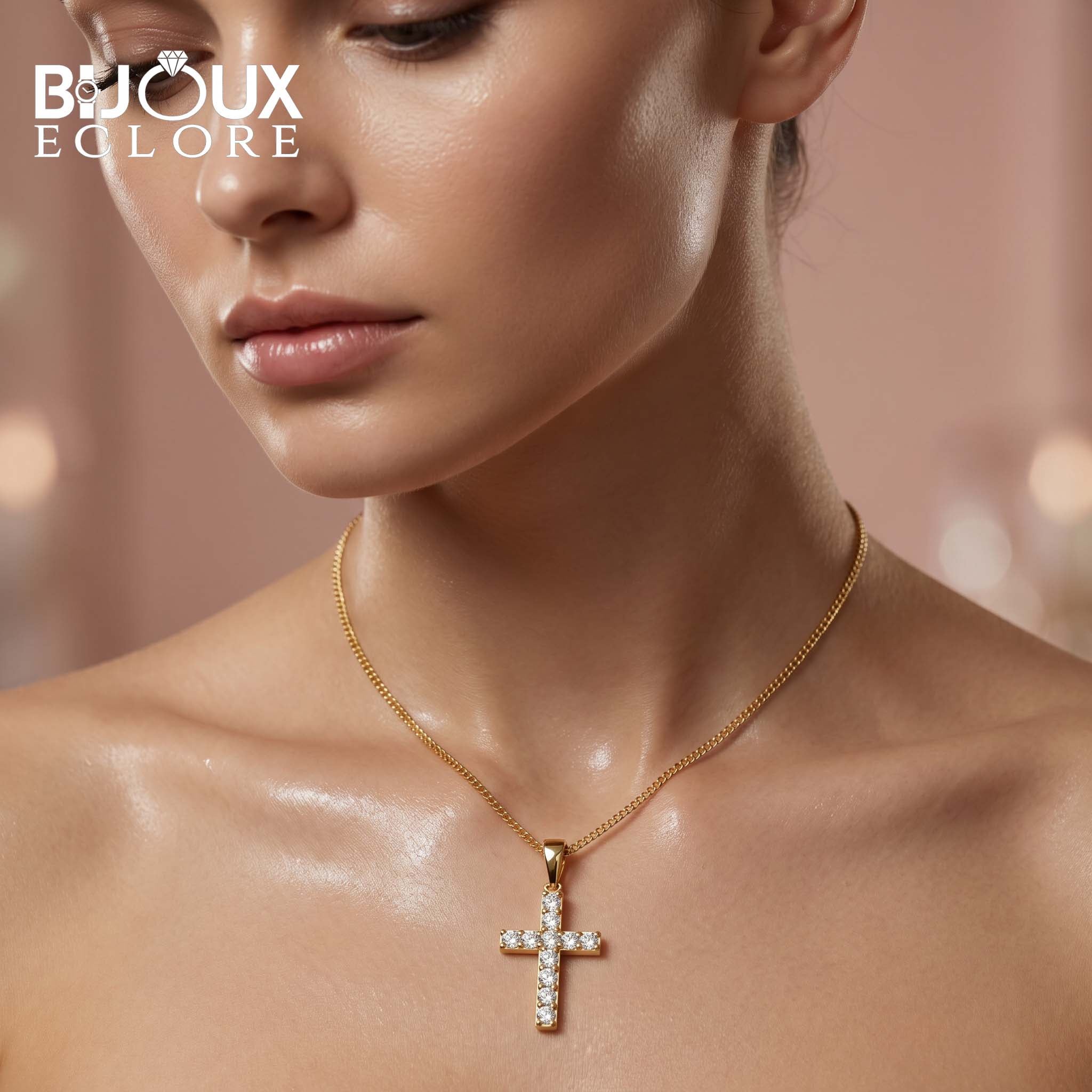 Diamond Cross Pendant Necklace in Rose Gold Finish - Bijoux Eclore