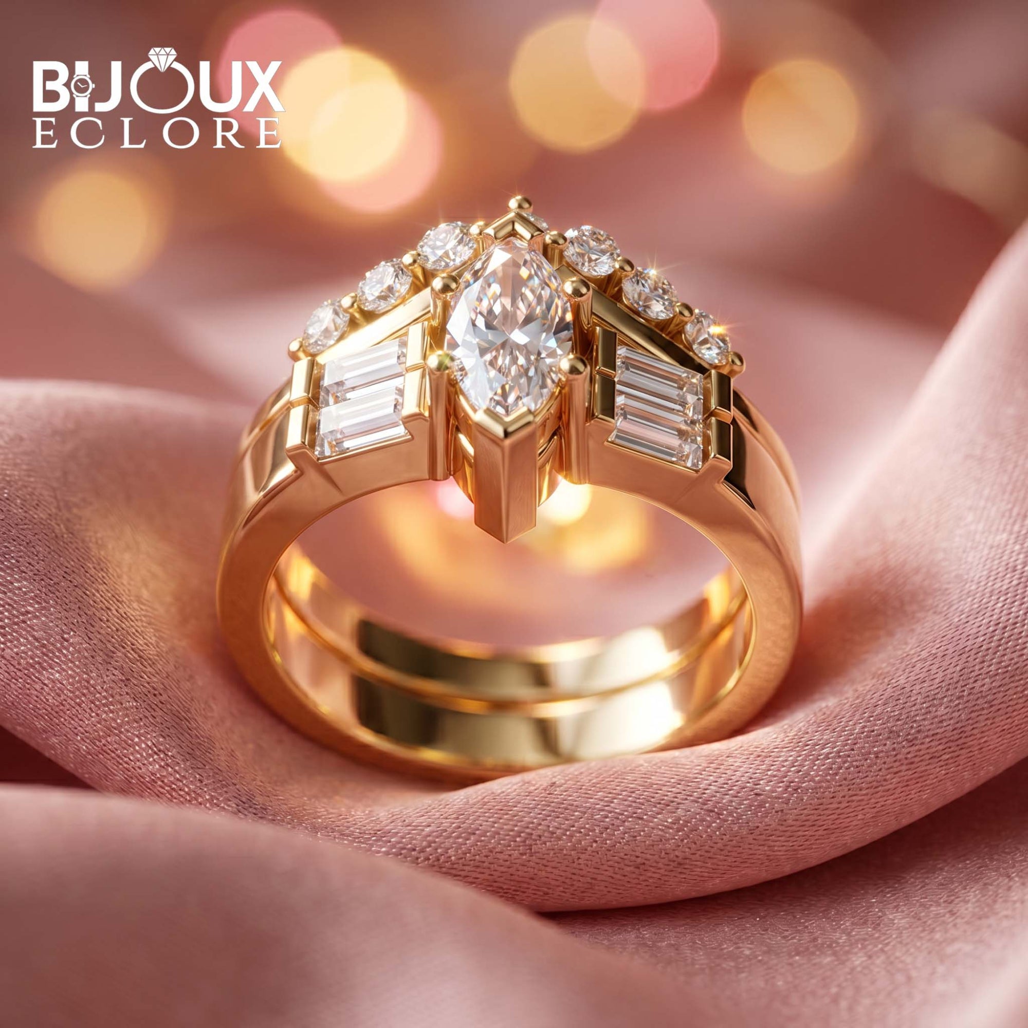 Art Deco Marquise Diamond Ring with Baguette Side Stones - Bijoux Eclore