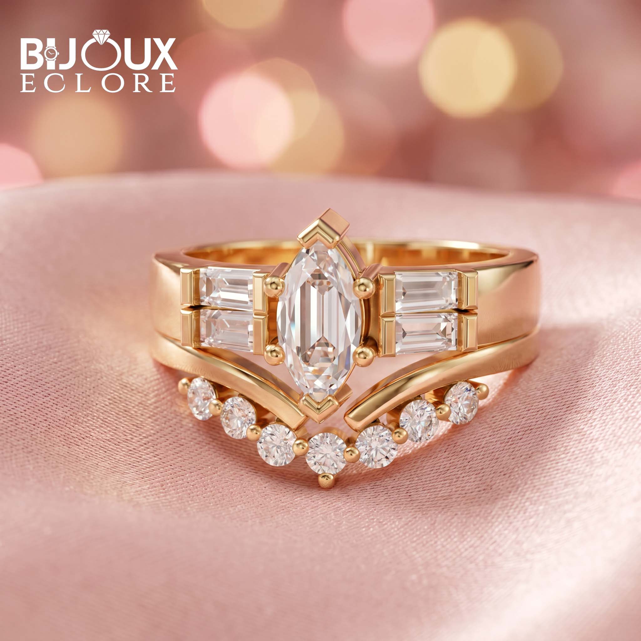 Art Deco Marquise Diamond Ring with Baguette Side Stones - Bijoux Eclore