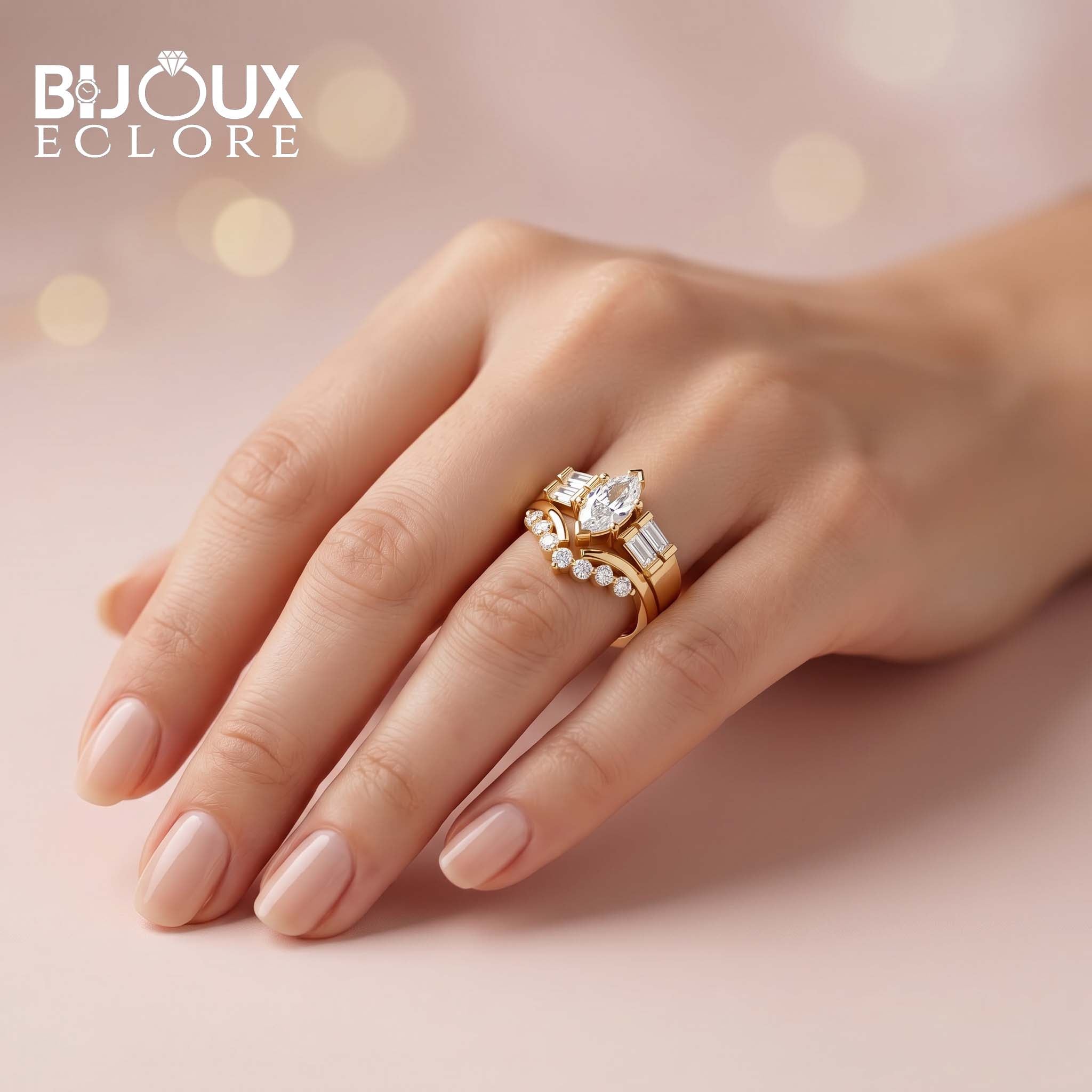 Art Deco Marquise Diamond Ring with Baguette Side Stones - Bijoux Eclore