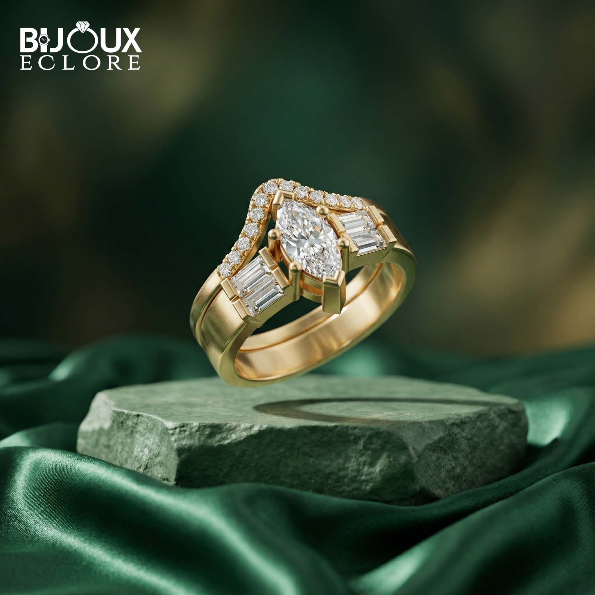 High-End Marquise Diamond Ring with Structured Baguette Side Stones and Pavé Crown Setting - Bijoux Eclore