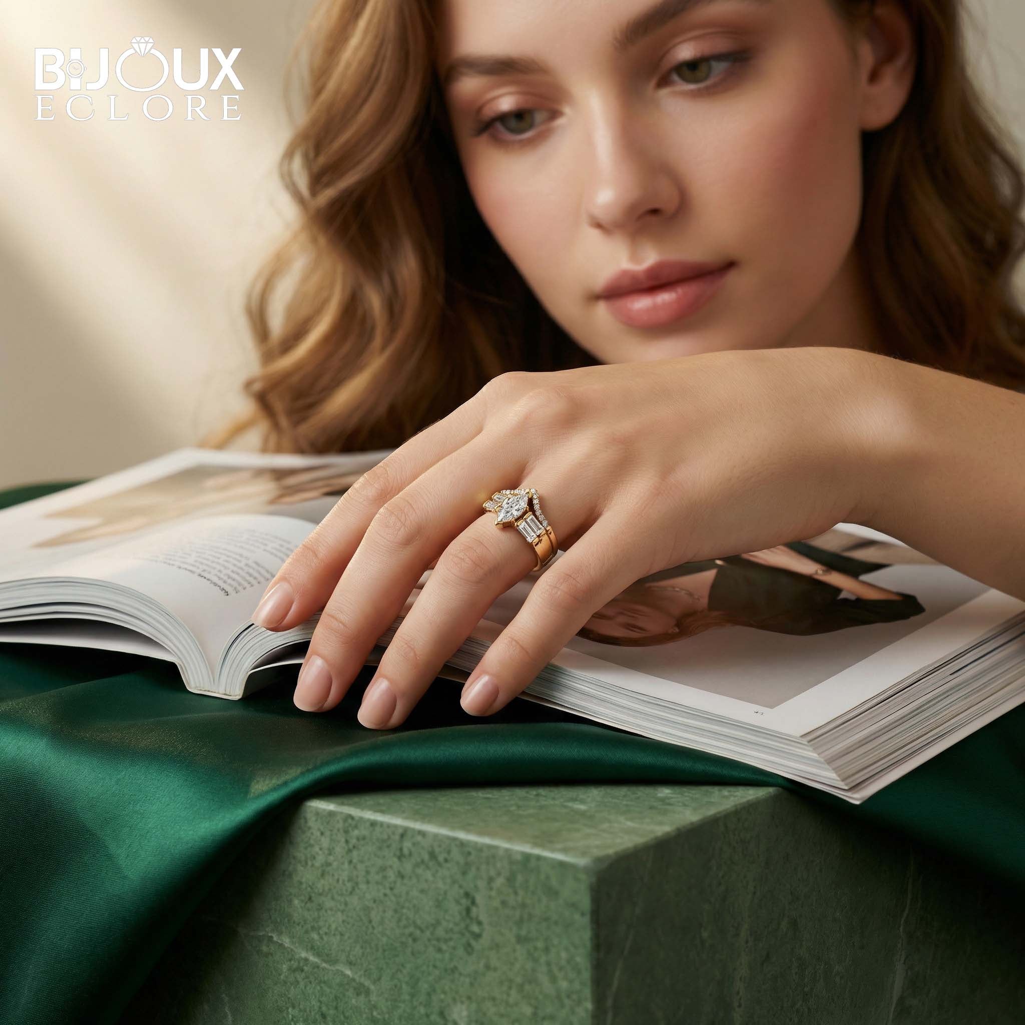 High-End Marquise Diamond Ring with Structured Baguette Side Stones and Pavé Crown Setting - Bijoux Eclore