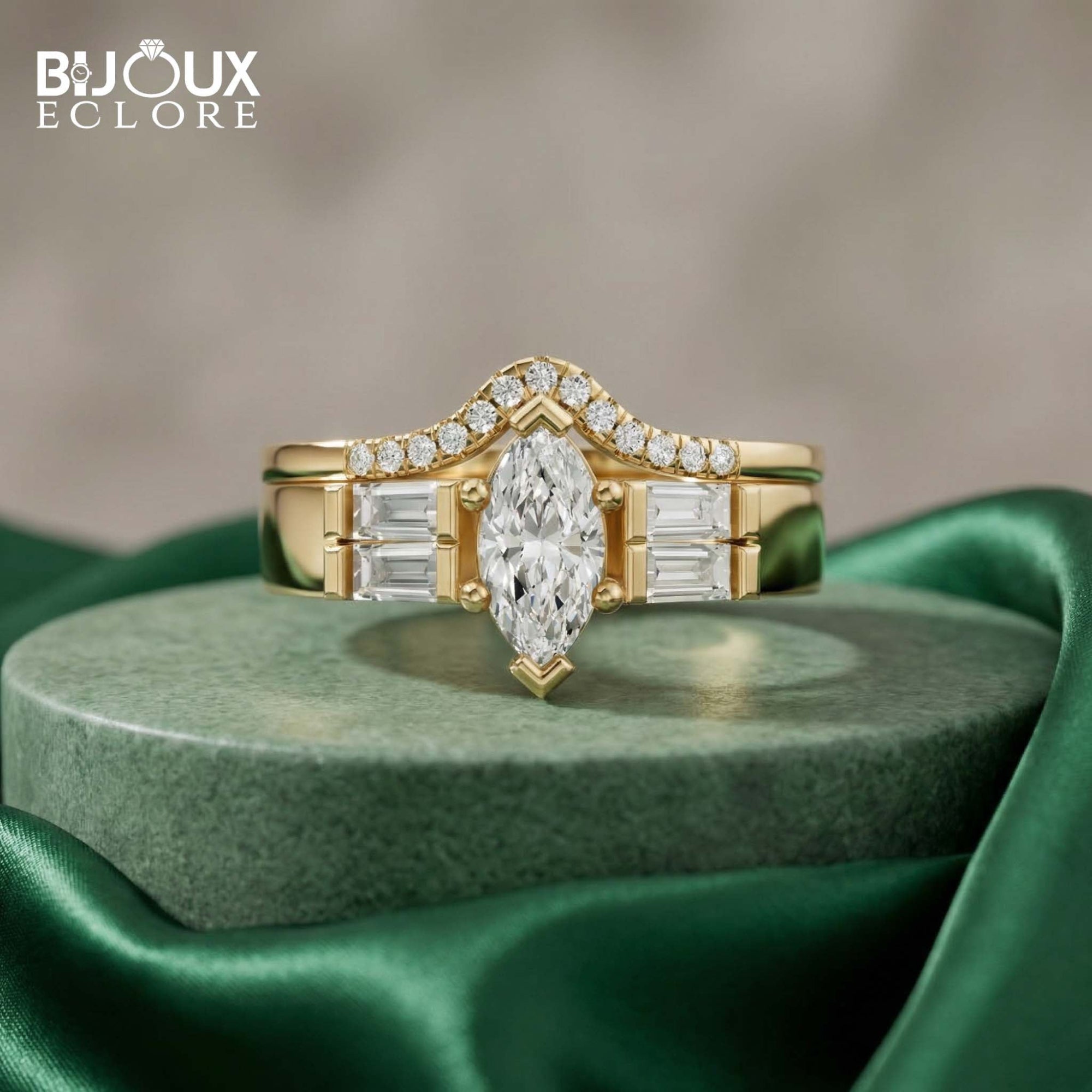 High-End Marquise Diamond Ring with Structured Baguette Side Stones and Pavé Crown Setting - Bijoux Eclore