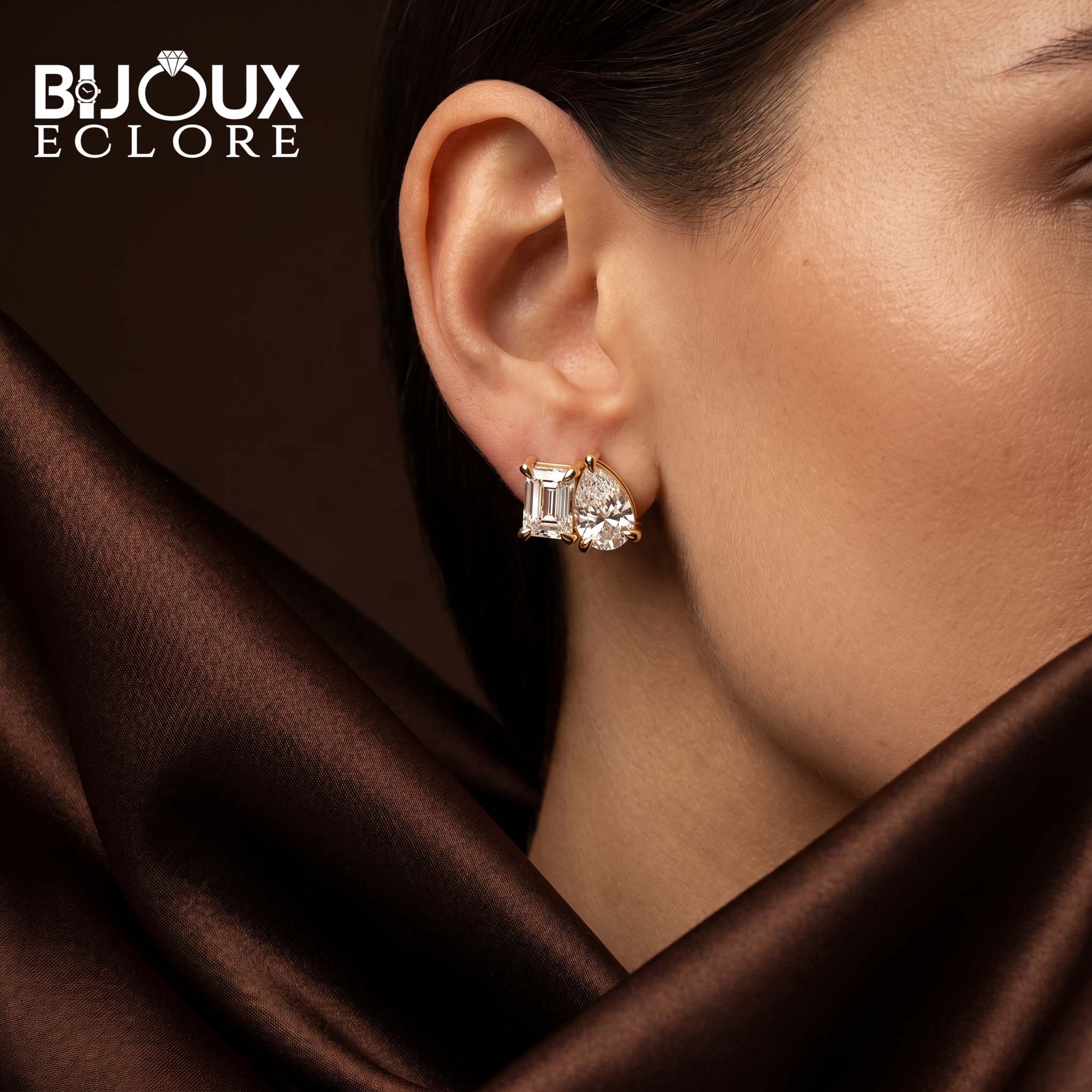 Modern Mixed Shape Diamond Studs with Gold Claw Prongs - Bijoux Eclore