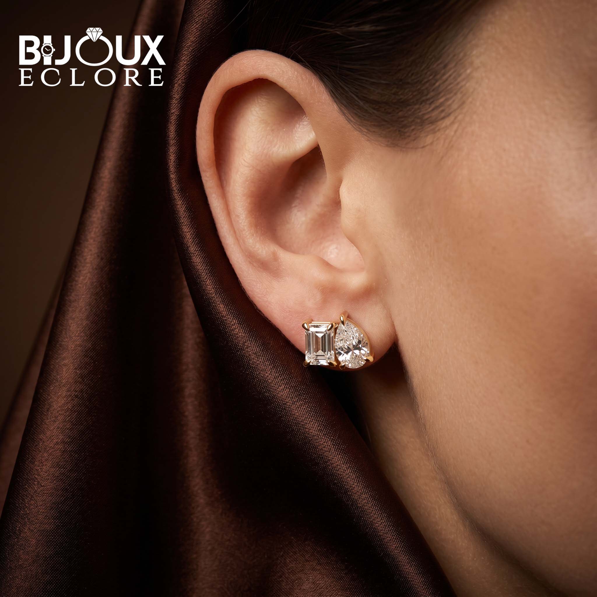 Modern Mixed Shape Diamond Studs with Gold Claw Prongs - Bijoux Eclore
