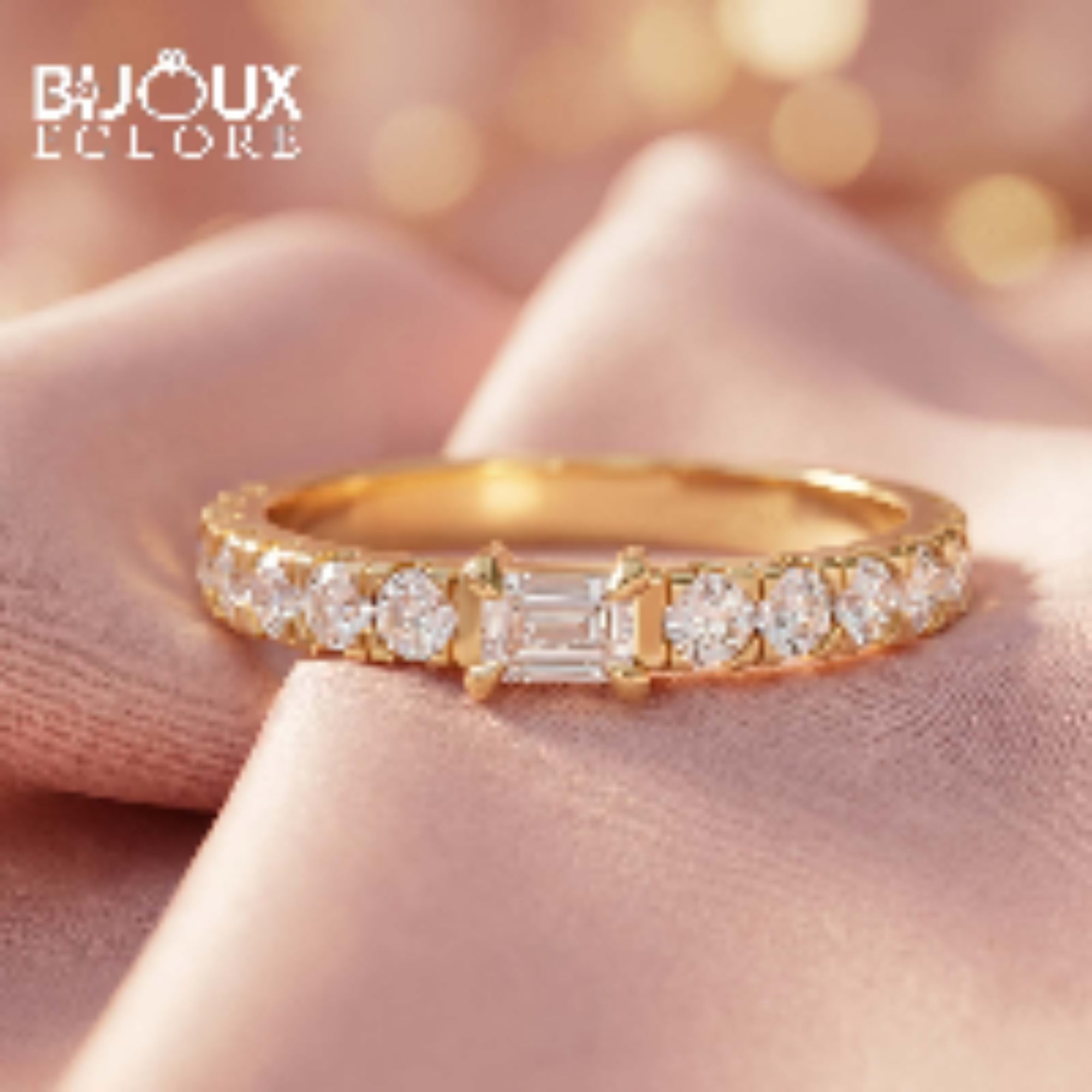 Gold Diamond Ring with Emerald Cut Center and Round Pavé Band - Bijoux Eclore