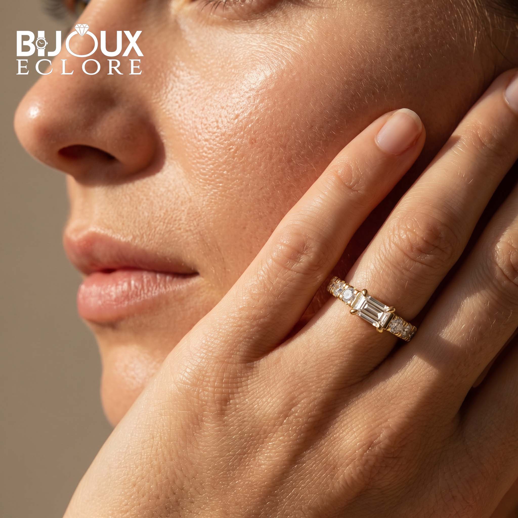Gold Diamond Ring with Emerald Cut Center and Round Pavé Band - Bijoux Eclore